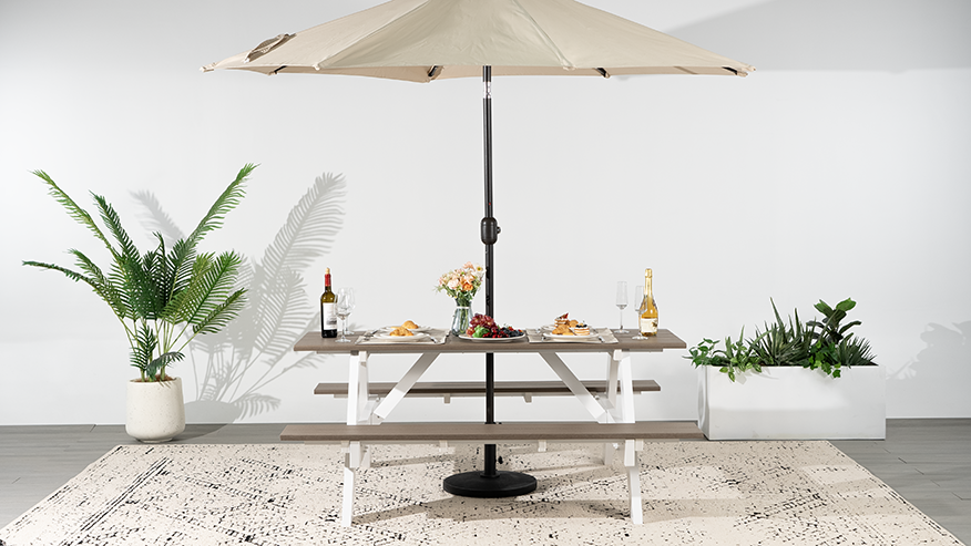 thumbnail video image 2 of WestinTrends Outdoor 70" HDPE Plastic Picnic Table Bench With Umbrella Hole, White, 2 of 16