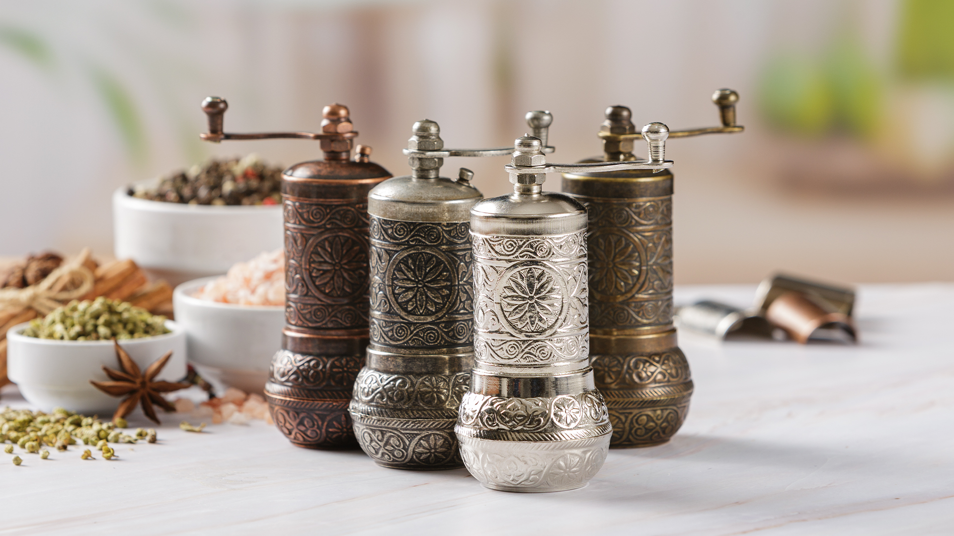 thumbnail video image 2 of Crystalia Turkish Spice Grinder, Manual Zamak Metal Pepper & Salt Mill, Vintage Hand Crank, 2 of 8