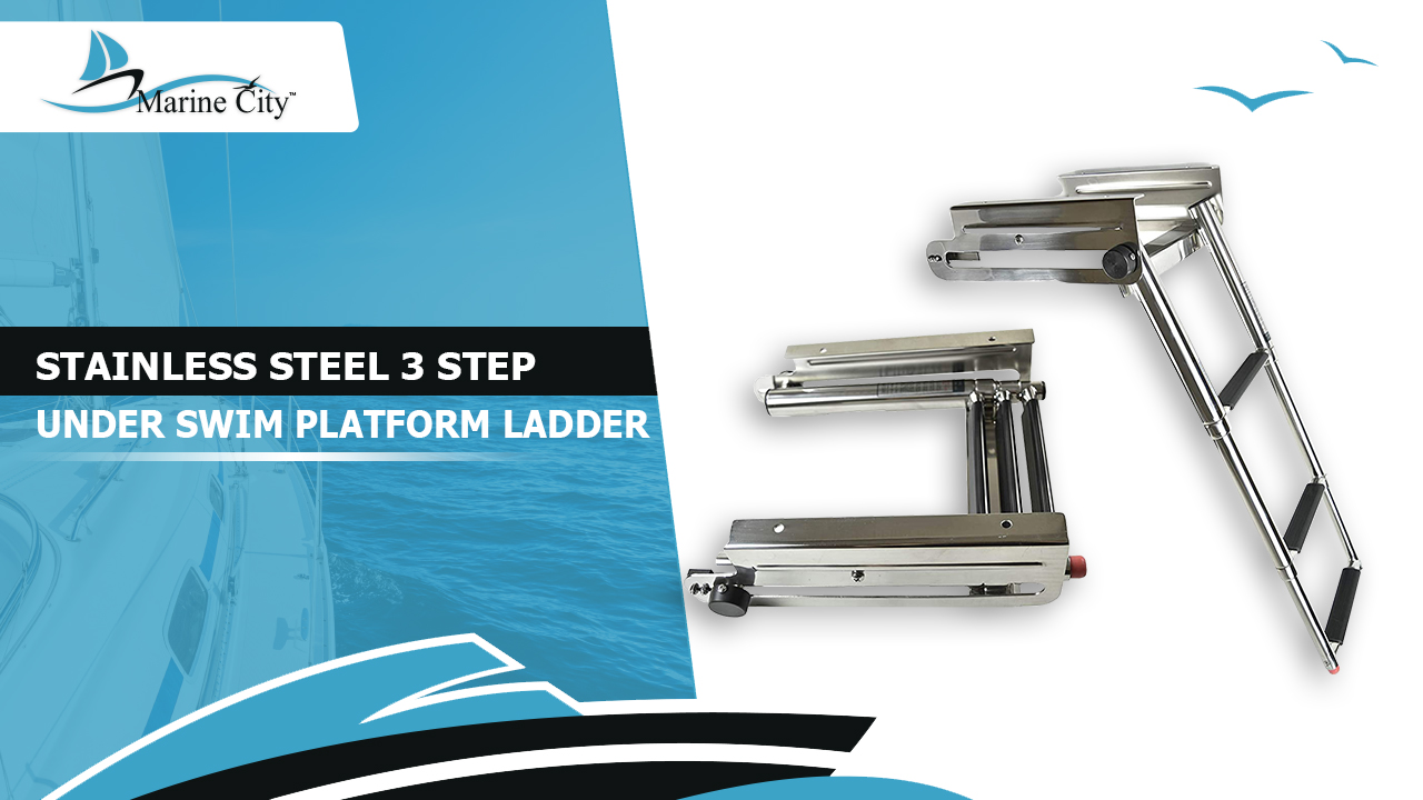 thumbnail video image 2 of MARINE CITY 304 Stainless Steel Telescoping 3 Step Under Slide Boarding Boat Ladder with Swim Platform Mount - Swiveling, Flips Up - Ideal for Marines, Boats, Yachts, and Pontoons, 2 of 8