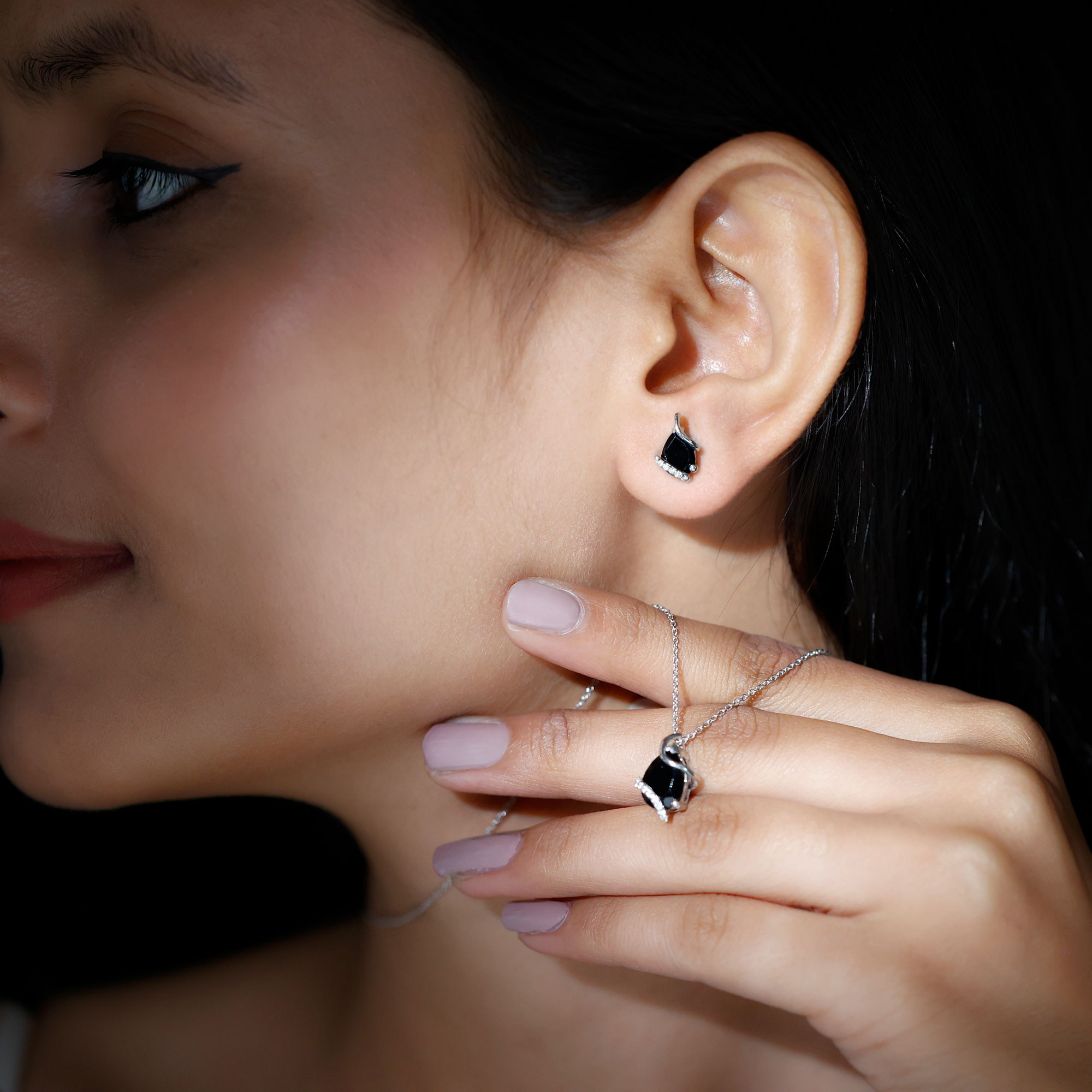 thumbnail video image 2 of Rosec Jewels Real Black Spinel Jewelry Set with Moissanite - Cocktail Necklace and Earring Set - AAA Grade - Jewelry Box included, 18K White Gold, 2 of 8