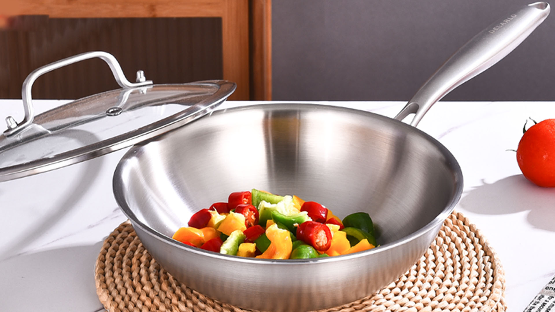 thumbnail video image 2 of DELARLO Tri-Ply Stainless Steel Wok Pan With Lid 12 Inch Wok, Flat Bottom Wok, Wok for Induction Cooktop, Wide and Deep Stainless Wok, 2 of 7