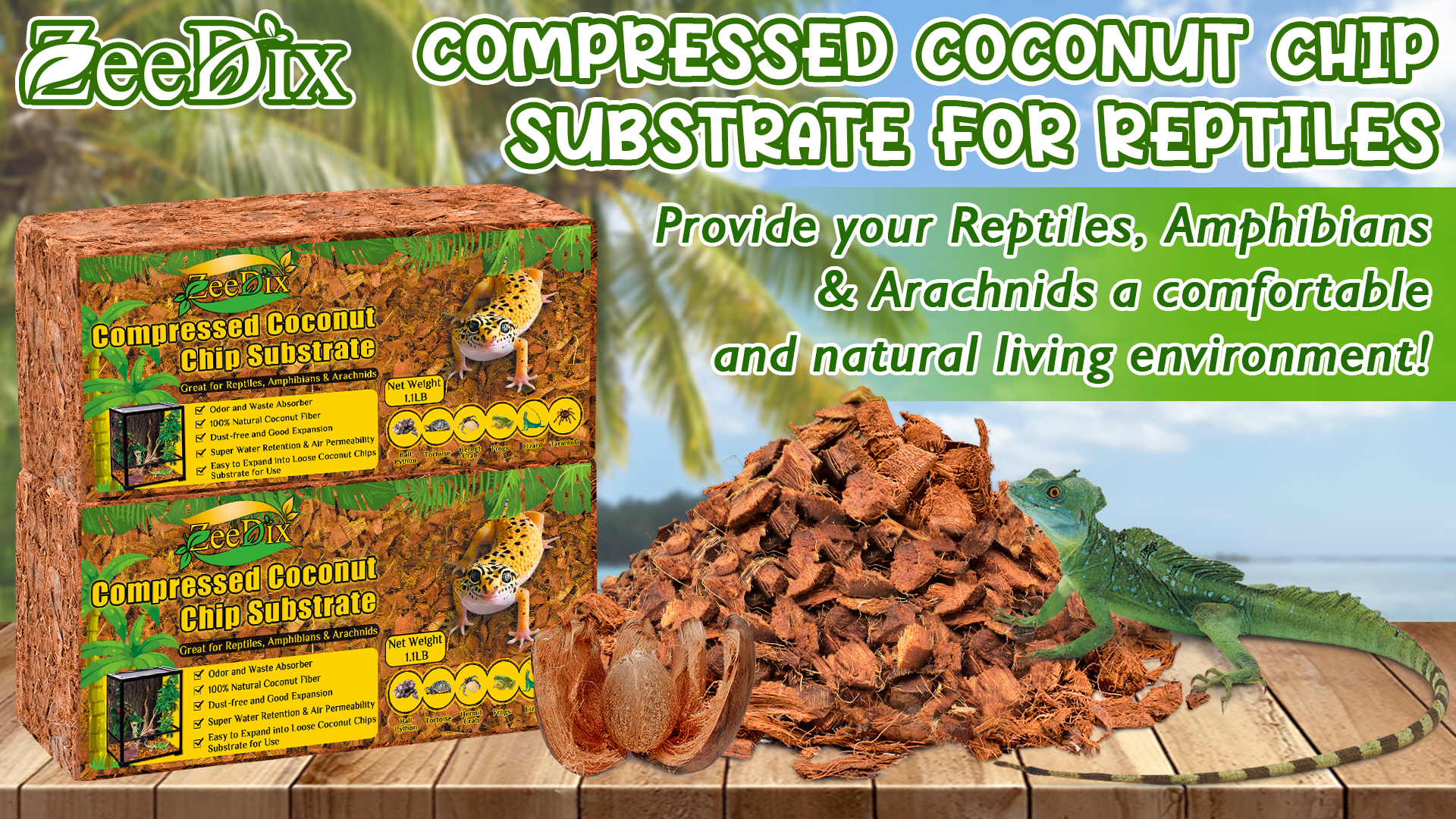 thumbnail video image 2 of ZeeDix 6Pack Compressed Coconut Chips Brick Natural Coconut Husk for Reptiles Bedding Brown Coco Coir Chips Terrarium Substrate for Ball Python Frog Snake Gecko Hermit Crab Tortoise, 2 of 7