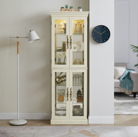 thumbnail video image 2 of Eyisean 71" Lighted Curio Cabinet, Glass Display Cage with 6 Adjustable Shelves, Tempered Glass Doors, Light Bulb Included, Wine Bar Cabinet for Living Room Liquor Storage, 2 of 12