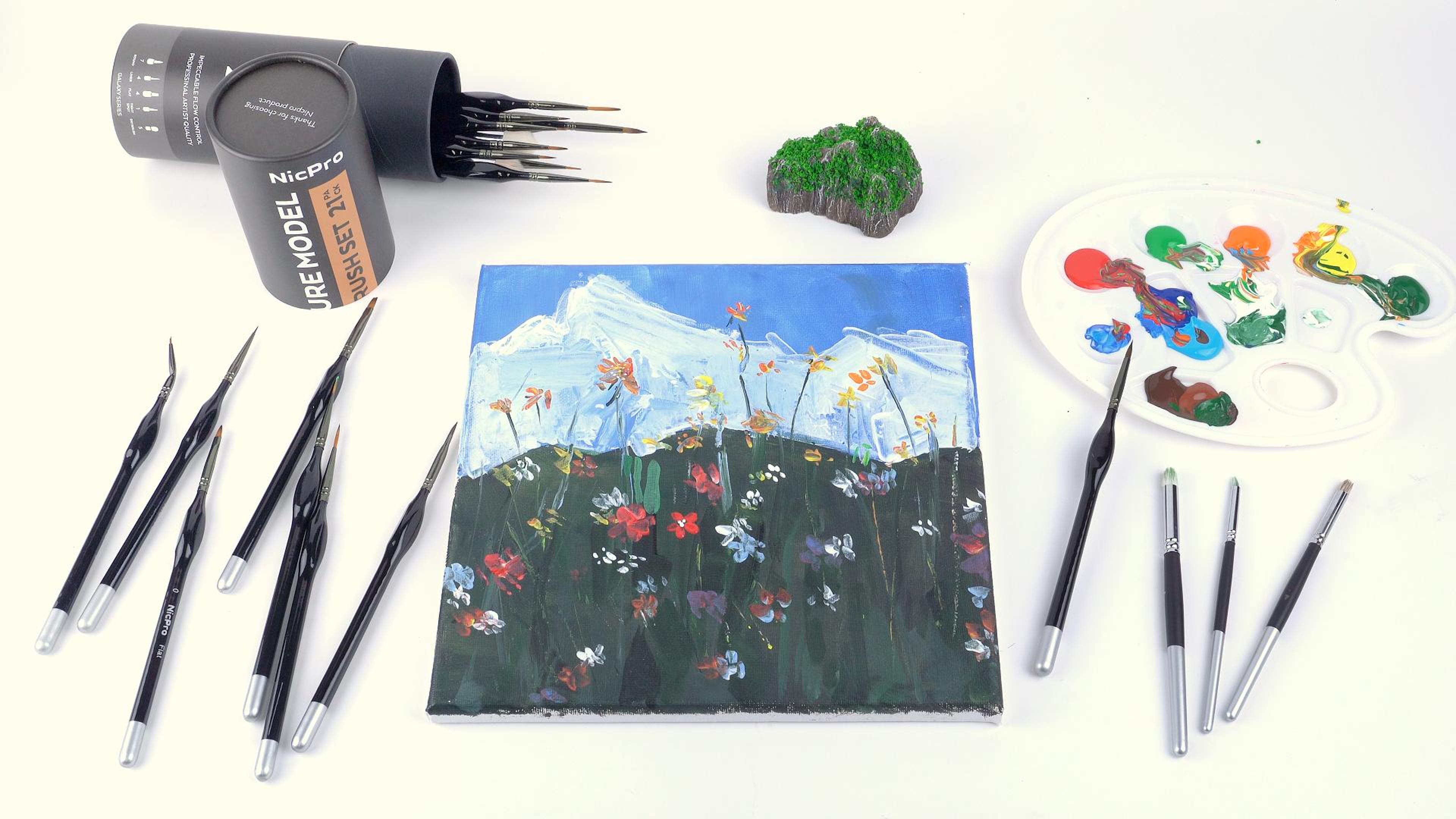 thumbnail video image 2 of Nicpro Miniature Paint Brushes Drybrush - 21PCS Model Paint Brush Set for Acrylic, Watercolor Detail Paint Brush Dry Brush for Miniature Model, Paint by Number- with Container, 2 of 9