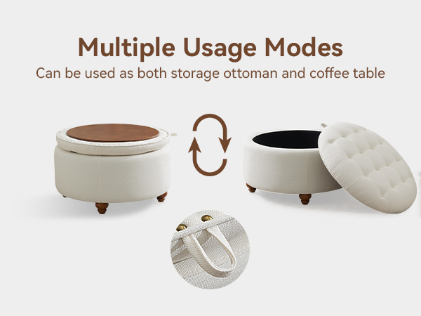 thumbnail video image 2 of 24Inch Round Storage Ottoman with Tray, Modern Tufted Fabric Circle Coffee Table with Storage, Upholstered Ottoman with Removable Top for Living Room, Bedroom, Blue, 2 of 13