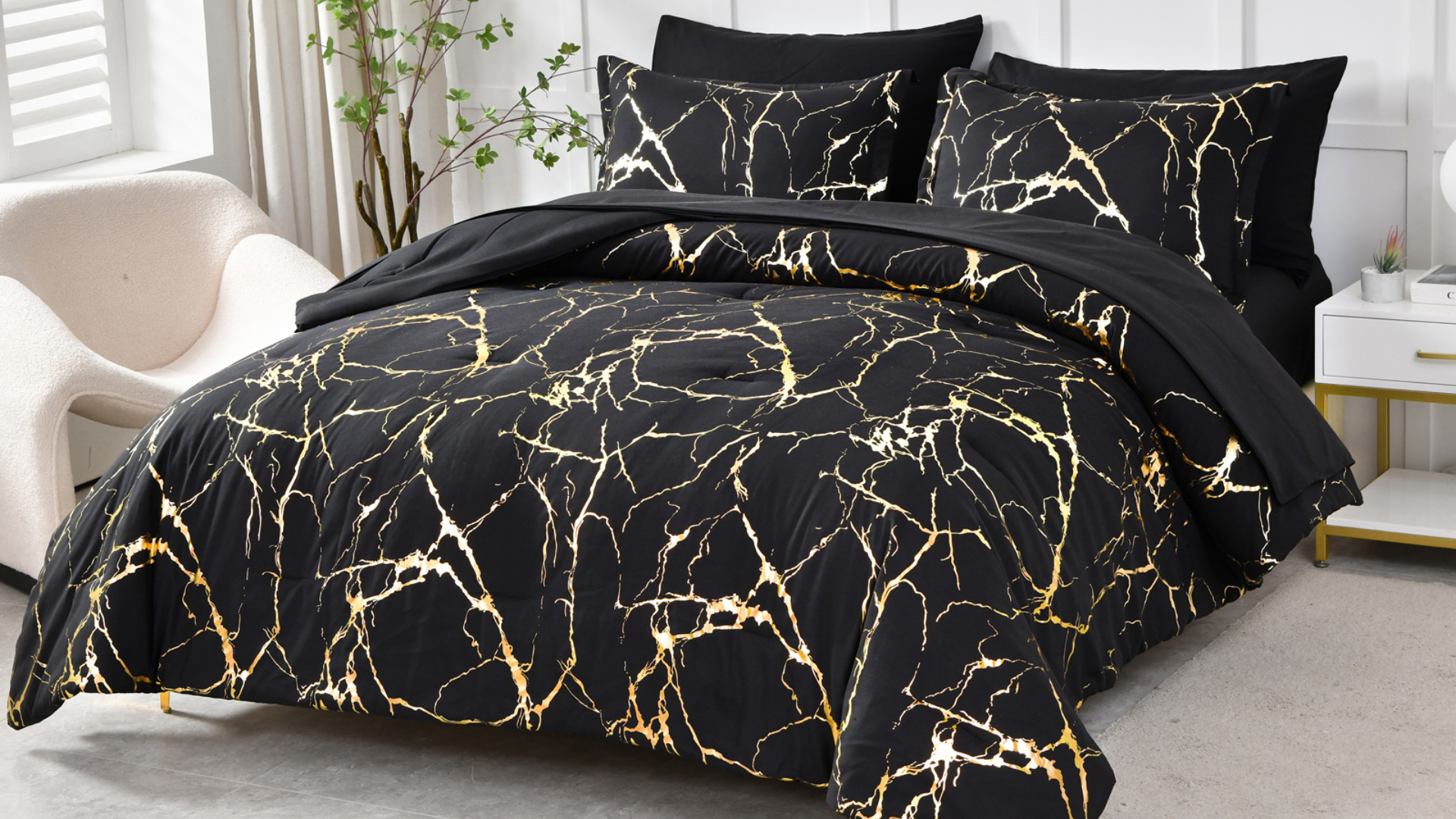 thumbnail video image 2 of Davulos Gold Metallic Marble Comforter Set Queen Size,7 Piece Bed in a Bag Microfiber Complete Bedding Sets,Black, 2 of 10