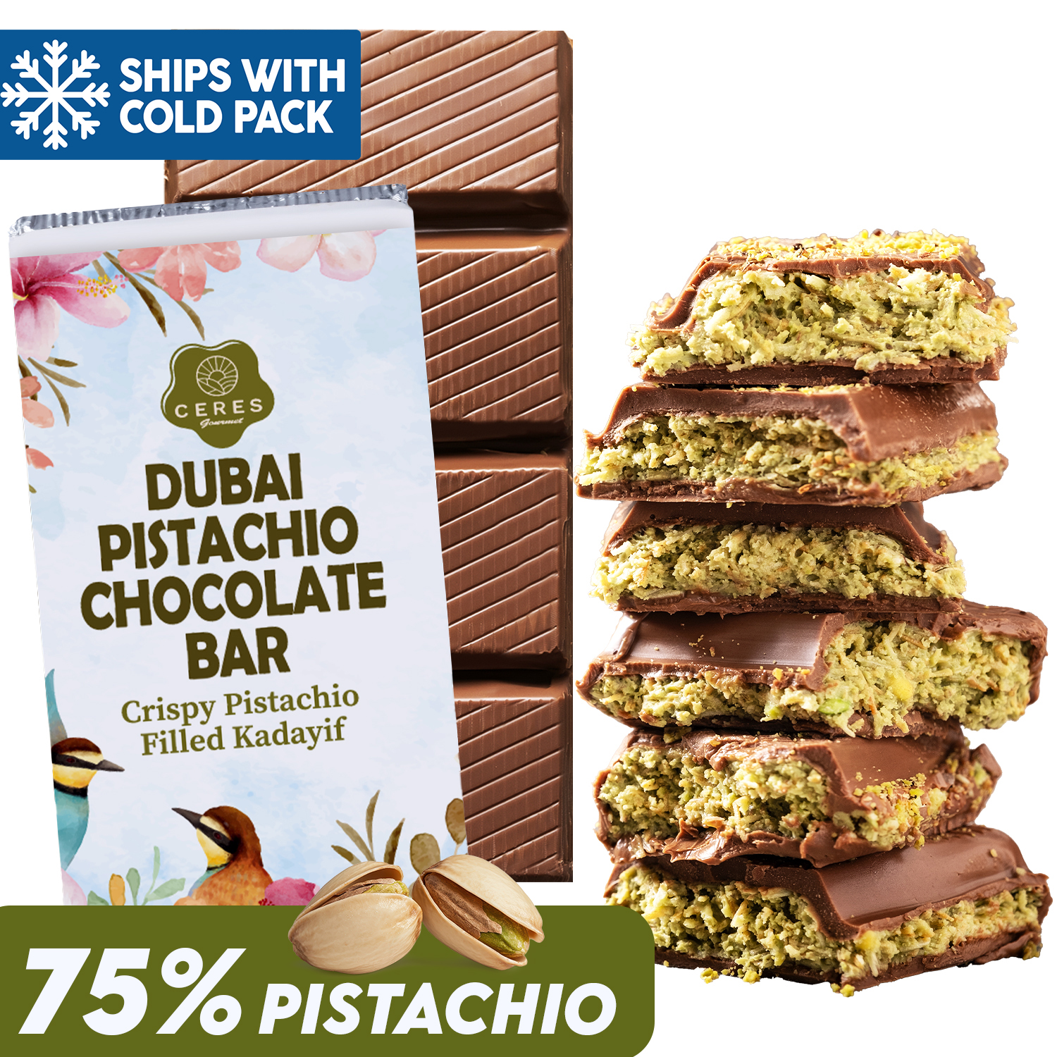 thumbnail video image 2 of Ceres Gourmet International Luxury Dessert Chocolate Pistachio Bar 7oz | Crispy Kunafe with Pistachio Paste, 2 of 9