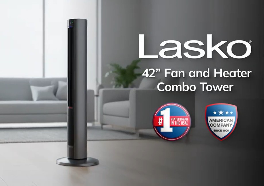 thumbnail video image 2 of Lasko 42" 1500W All Season Tower Fan and Space Heater with Timer and Remote, Gray, FH515, 2 of 17