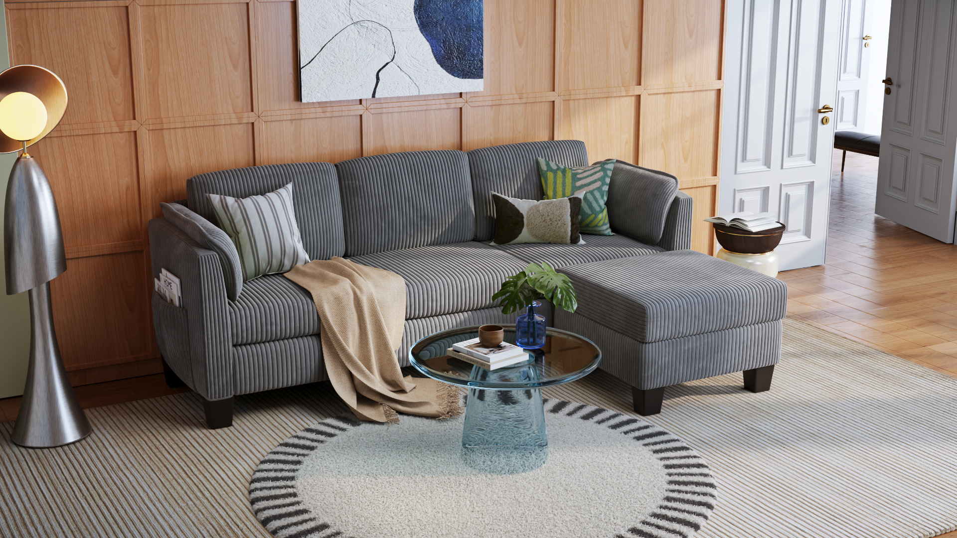 thumbnail video image 2 of Bestier Corduroy Sectional Sofa Couches for Living Room, L-Shaped Modular Small Couch Convertible 3 Seater Sofa with Ottaman Storage,Gray, 2 of 10