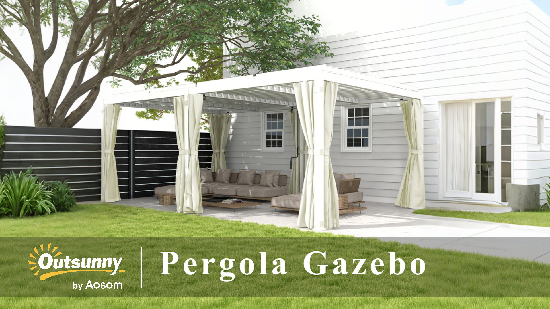 thumbnail video image 2 of Outsunny 12'x19' Aluminum Pergola with Adjustable Roof, Cream White, 2 of 10