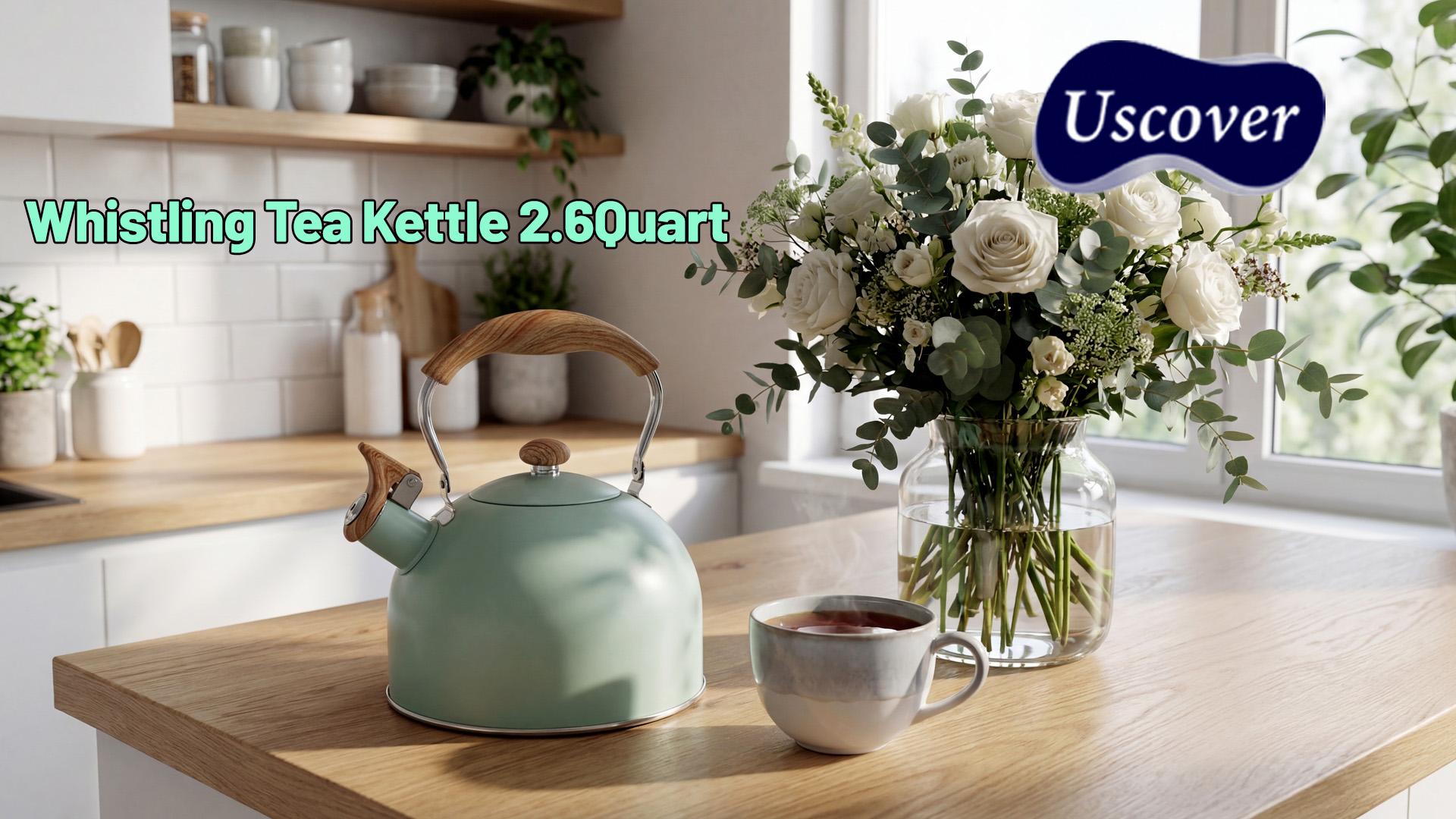thumbnail video image 2 of Uscover Whistling Stovetop Water Teakettle,Mint Green Tea Kettle Teapot with Ergonomic Wood Cool Touch Folding Handle,Mordern Kettle Outlet for Gas Electric,2.5L Stainless Steel, 2 of 10