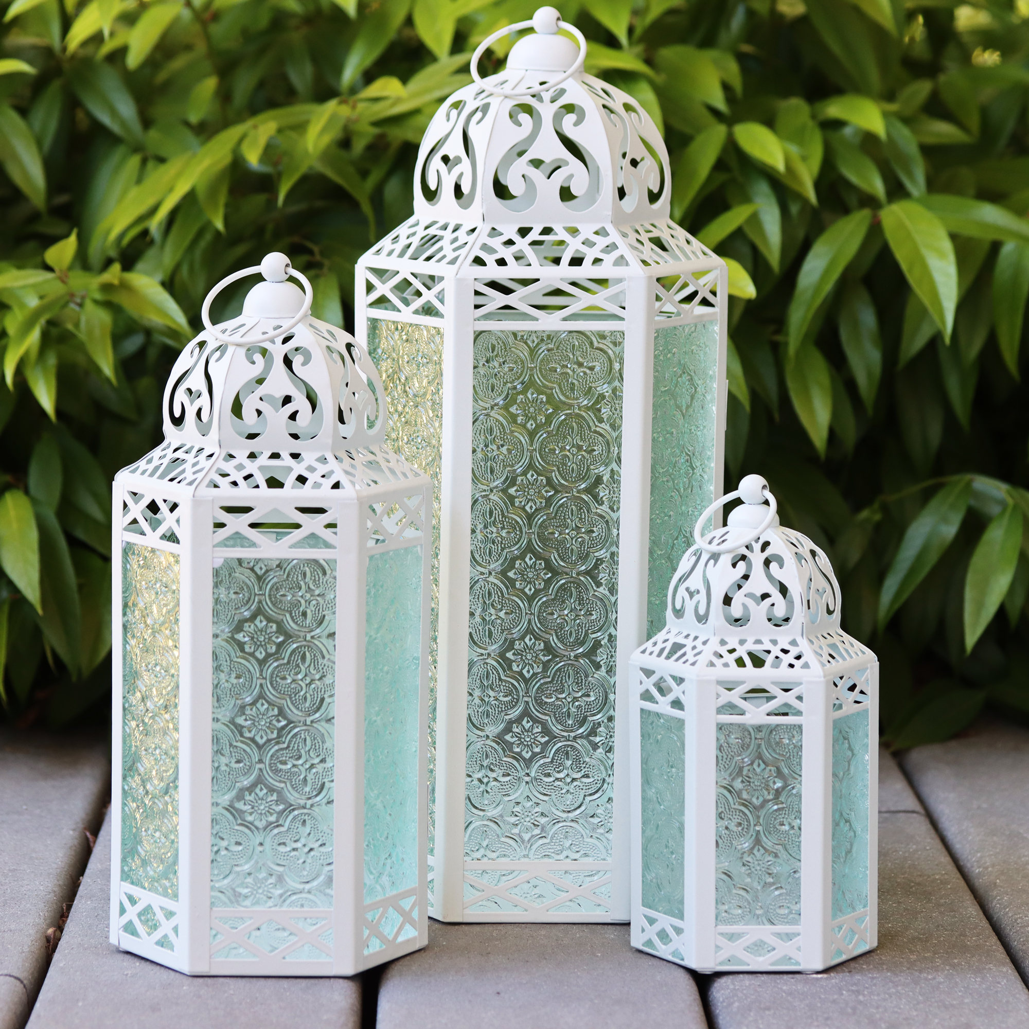 thumbnail video image 2 of Moroccan Candle Lantern Decorative Set of 3 for Floor, Ramadan Decorations, Indoor Home Decor, Outdoor Patio or Porch, Weddings, White, 2 of 8