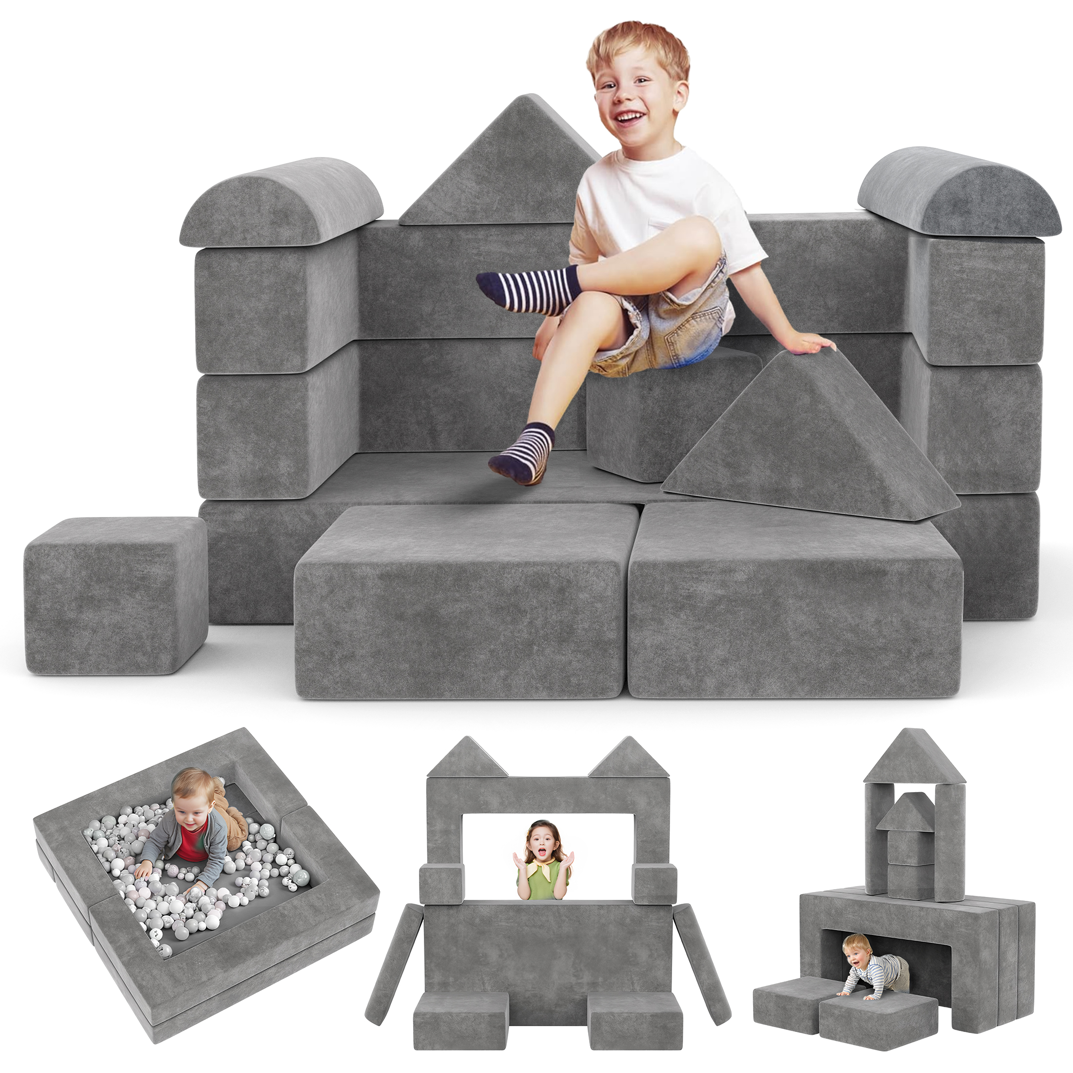 thumbnail video image 2 of iYofe Kids Couch Sofa, 12PCS Modular Play Couch Set with 8 Shapes, Foldable Toddler Couch Bed with Button Design, Convertible Foam Floor Sofa for Playroom, Fort Building Set for Boys Girls 3-6, Gray, 2 of 9