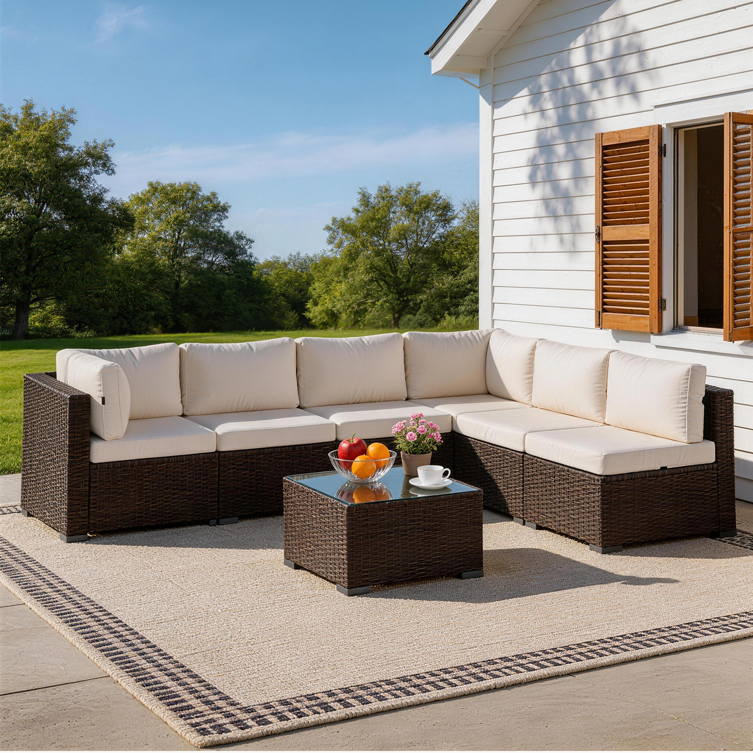thumbnail video image 2 of Clouddwell 7 Piece Outdoor Patio Furniture Set, Wicker Rattan Patio Sectional Sofa Sets, Off White, 2 of 11