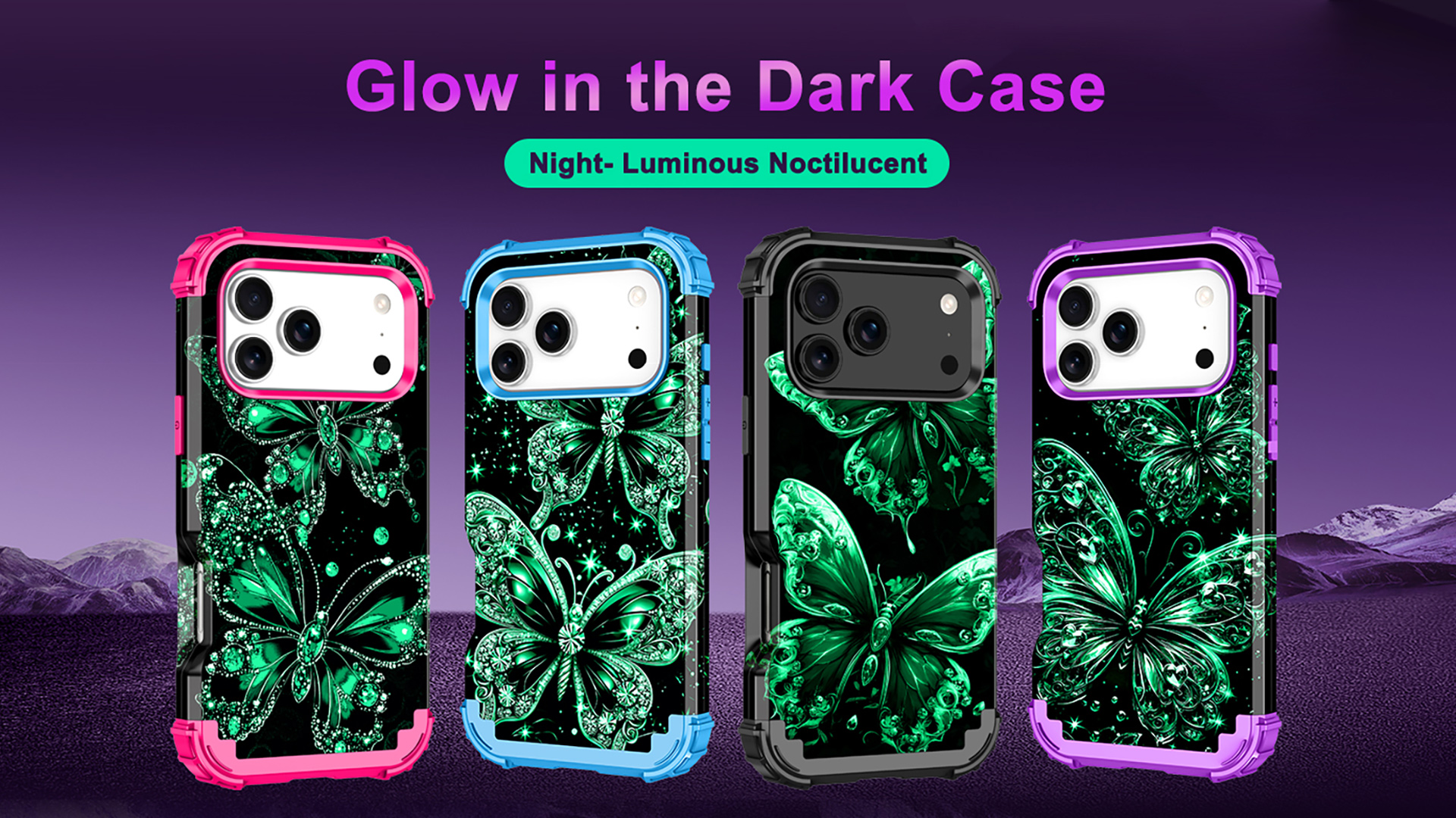 thumbnail video image 2 of Casetego for iPhone 17 5G Case,Glow in The Dark Three Layer Heavy Duty Shockproof Protection Hard Plastic Bumper+Soft Silicone Protective 6.3 inch Case,Purple Blue Butterfly, 2 of 10