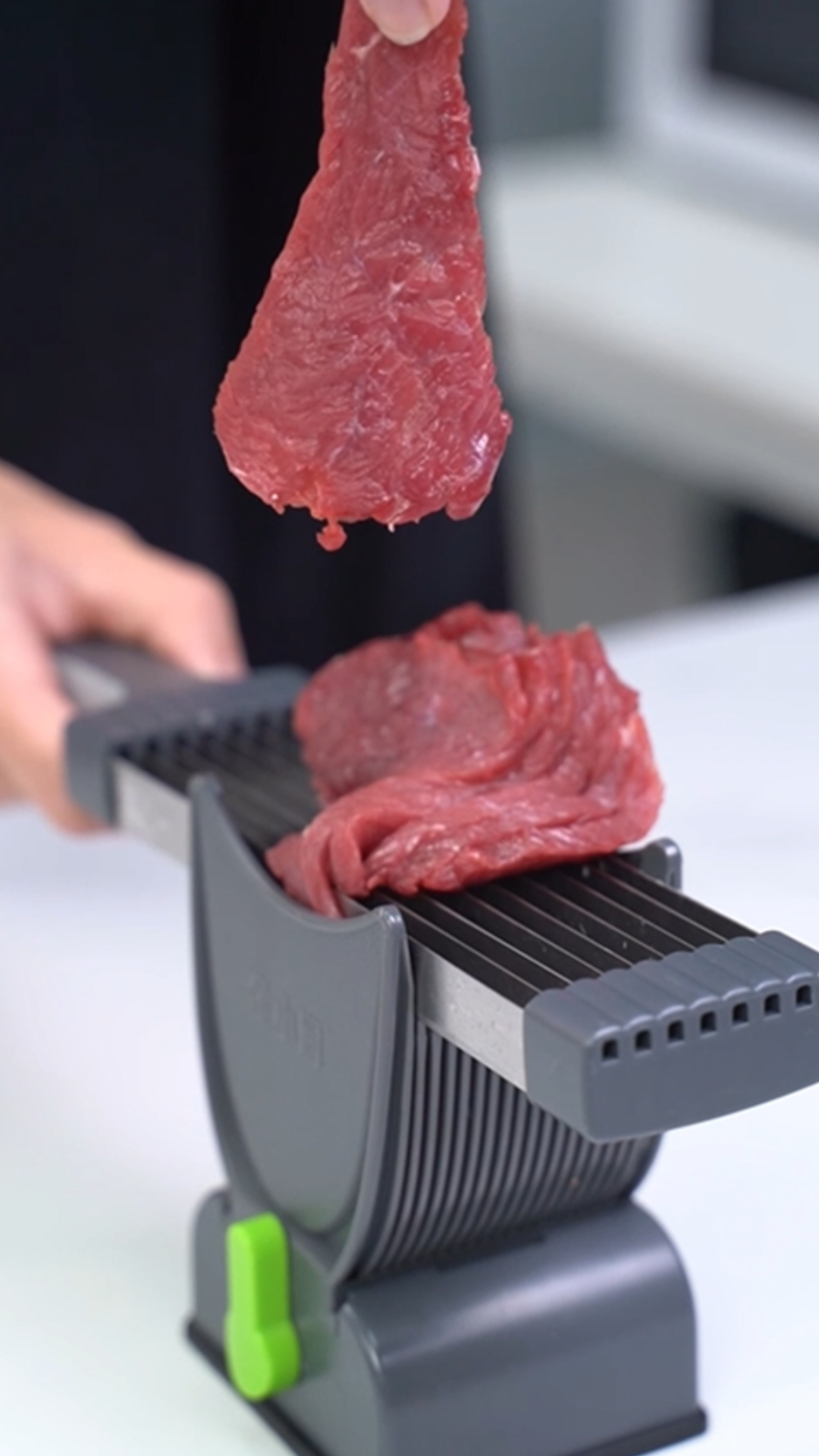 thumbnail video image 2 of ONCE FOR ALL Meat Cleaver Slicer Knife Set, Stainless Steel Kitchen Knife with Sharpener, Meat Cutter for Pork Chicken Beef Jerky, Thickness Adjustable 2 or 4 mm, Gray, 2 of 10