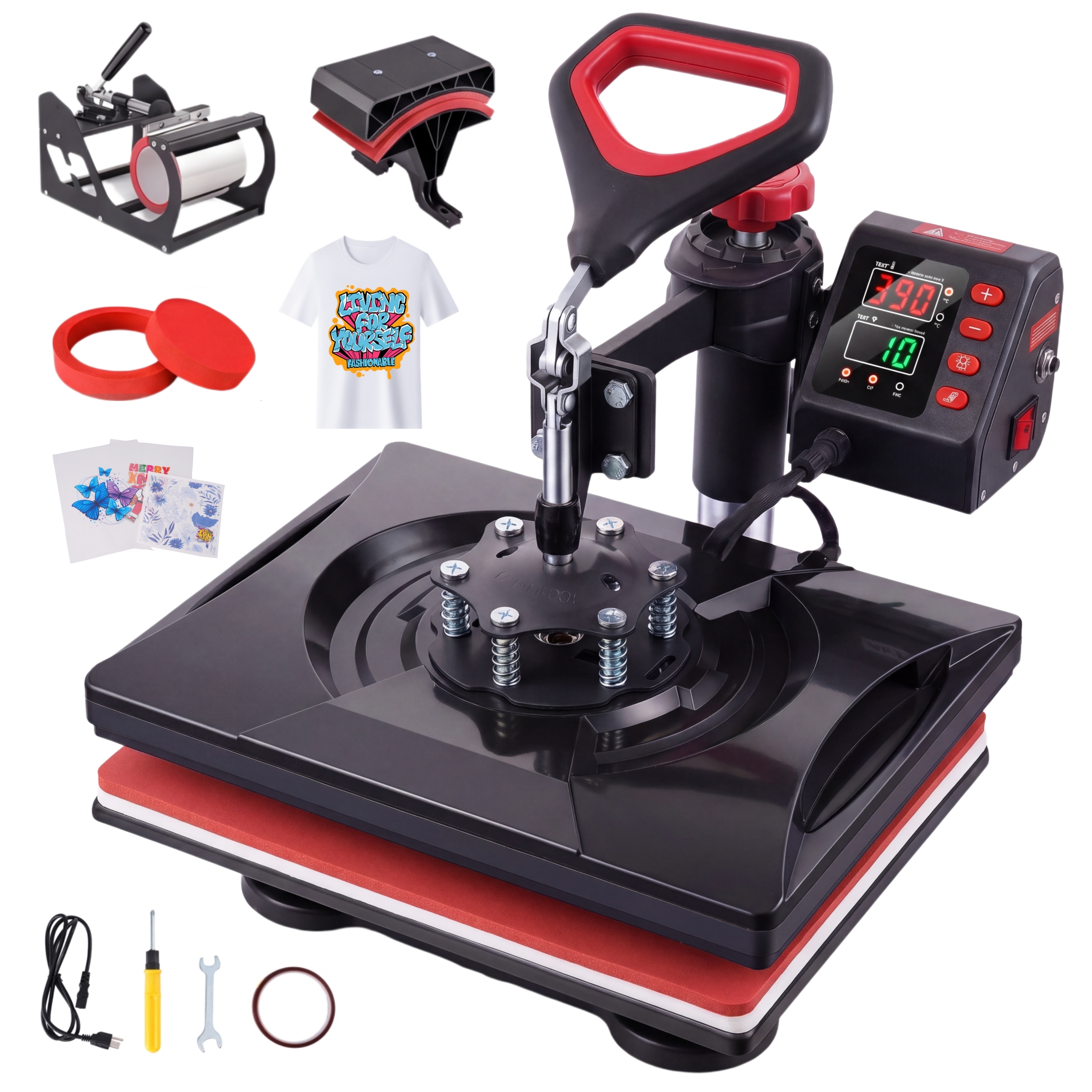 thumbnail video image 2 of Adnoom 8 in 1 Heat Press 12x15, 360° Swing Away Heat Press Machine, Digital Shirt Press Machine for Mug Hat Plate Cap, Black, 2 of 8