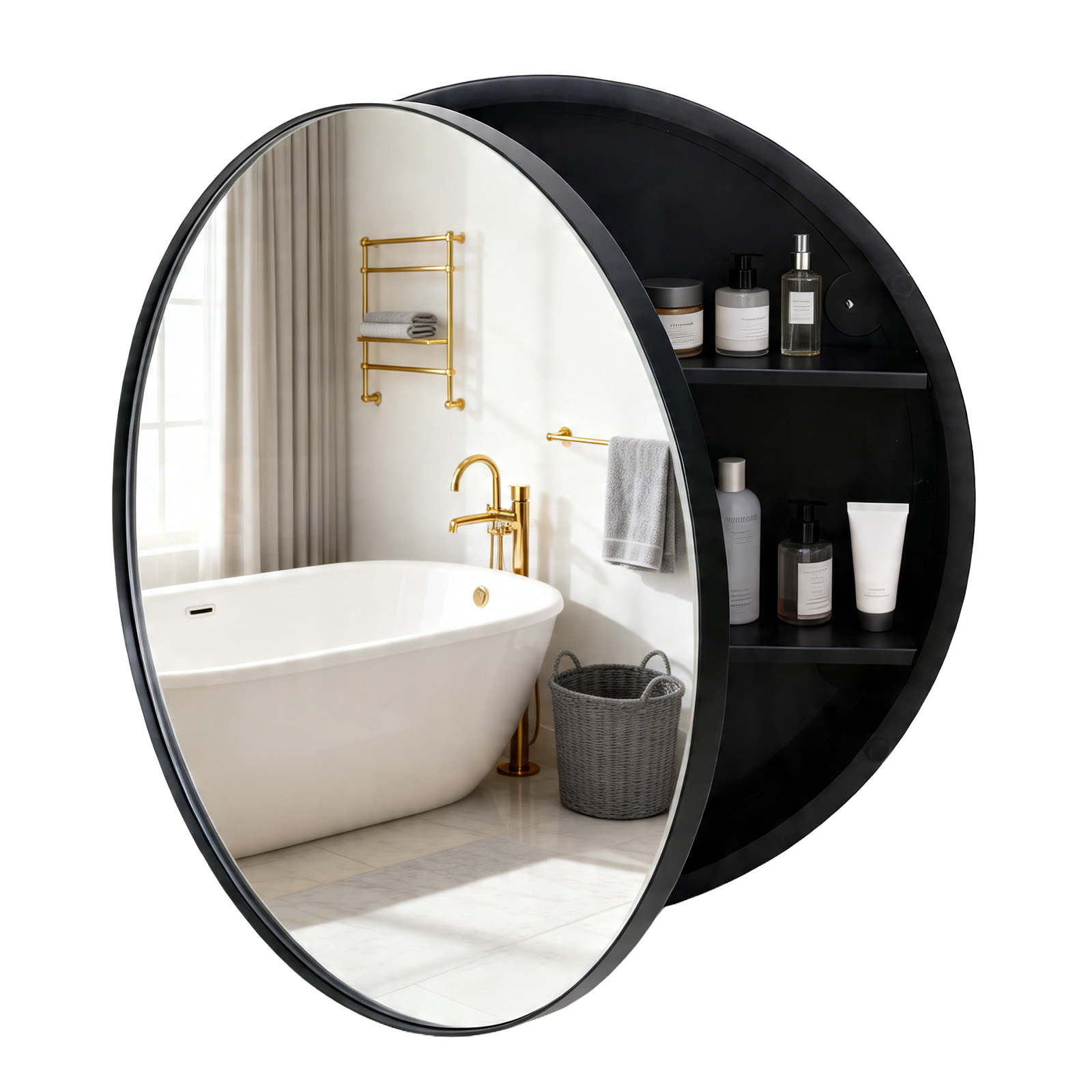 thumbnail video image 2 of VIWILII Round Medicine Cabinet with Mirror, 20x20 Inch, Brushed Gold, Surface Mount Bathroom Storage with 2 Fixed Shelves, 2 of 8