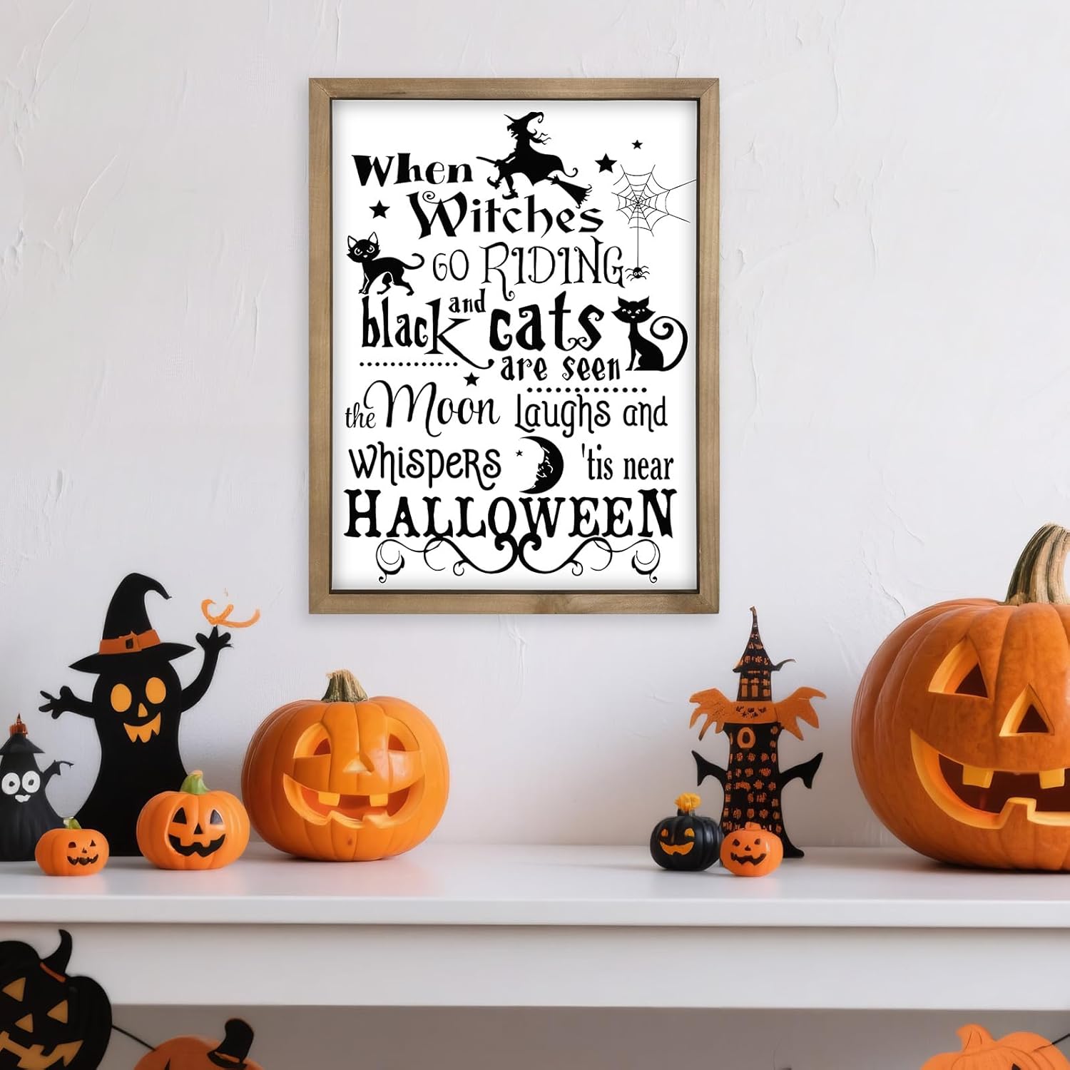 thumbnail video image 2 of Halloween Wall Decor, 15.7×11.8 Inch Wooden Witch Black Cat Sing Art Framed, Indoor Bedroom Bathroom Living Room Mantel Rustic Farmhouse Decorations for Home, 2 of 8