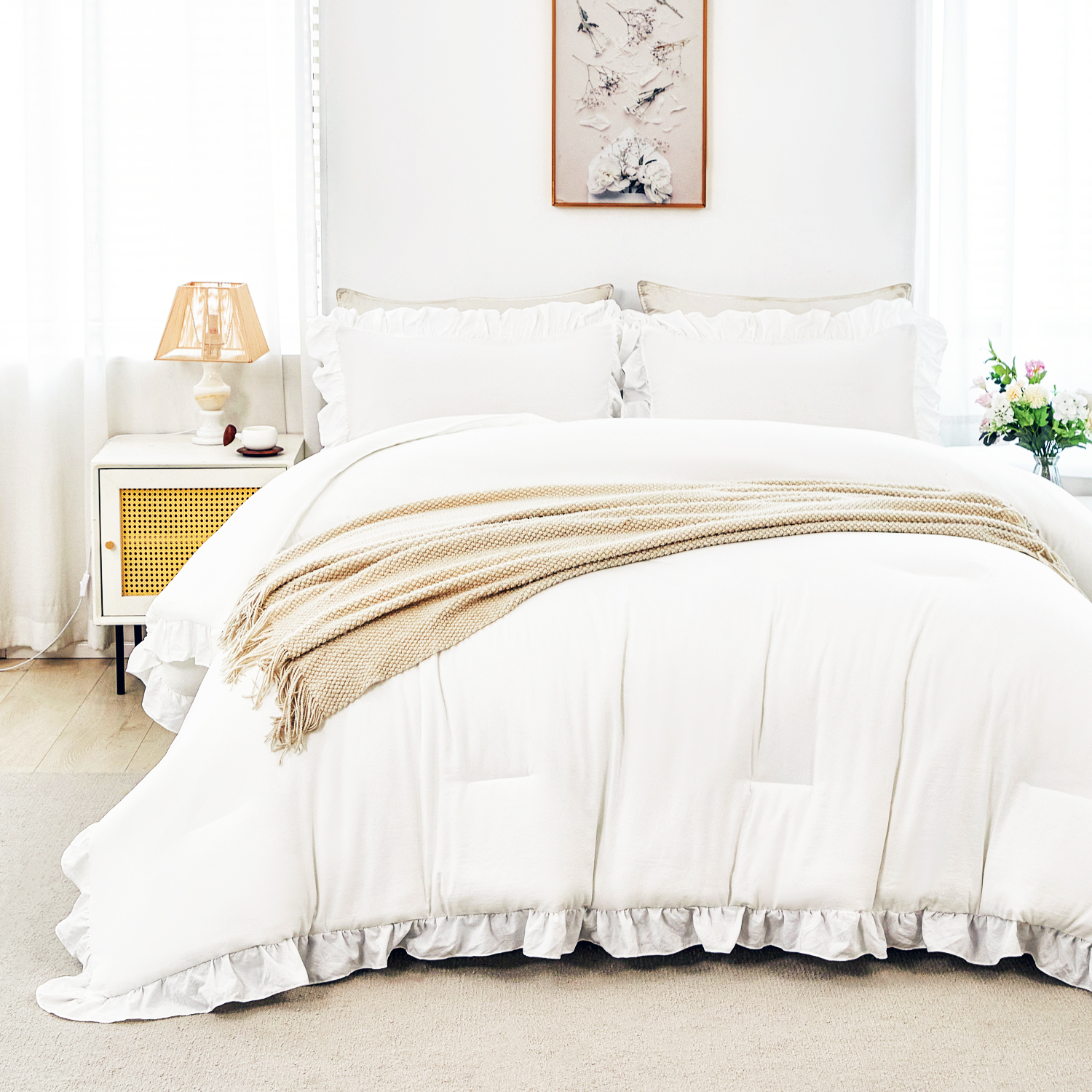 thumbnail video image 2 of URBONUR Full Comforter Set White-5 Pieces Ruffled Bed in A Bag with Sheets All Season Lightweight Farmhouse Bedding Sets for Teens(White Full), 2 of 9