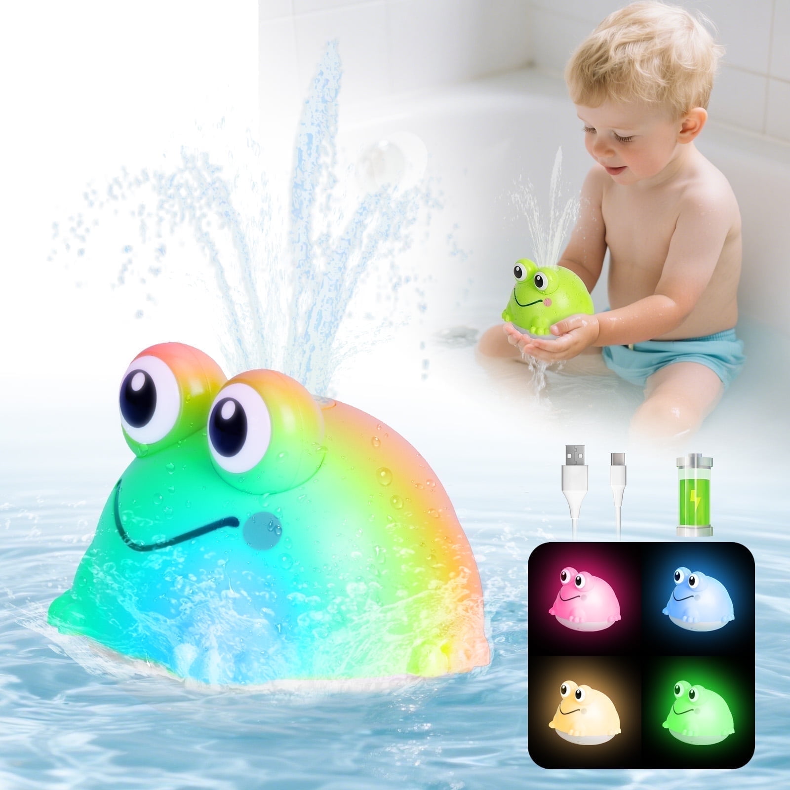 thumbnail video image 2 of Dammyty Baby Bath Toys, Cute Toddler Pool Toy, Light up Frog Fountain Bath Toys for Toddler 1-3, 2 of 9