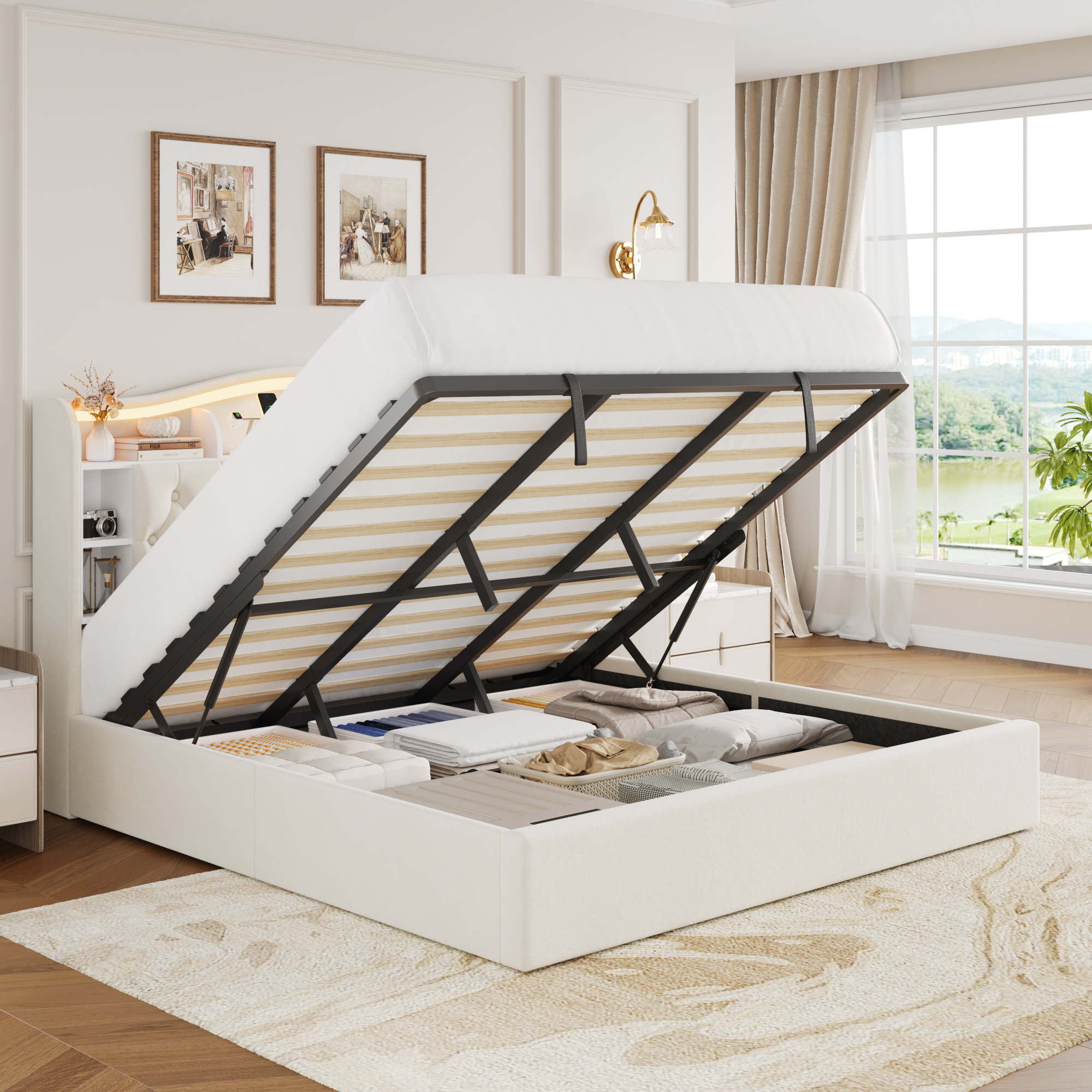 Homfa Queen Size Lift Up Storage Bed, Modern LED Headboard with USB Charging Port, Hydraulic Support,Beige