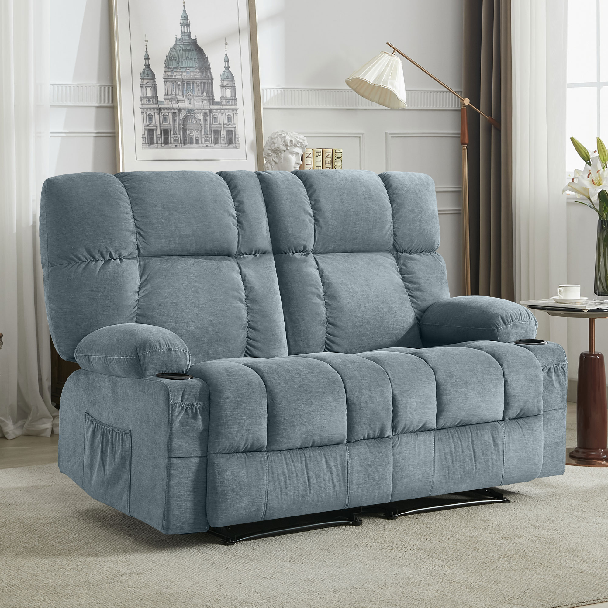 thumbnail video image 2 of JONPONY Reclining Loveseat with Cup Holders for Living Room 2 Seat Manual Loveseat Recliner with Side Pocket,Blue, 2 of 15