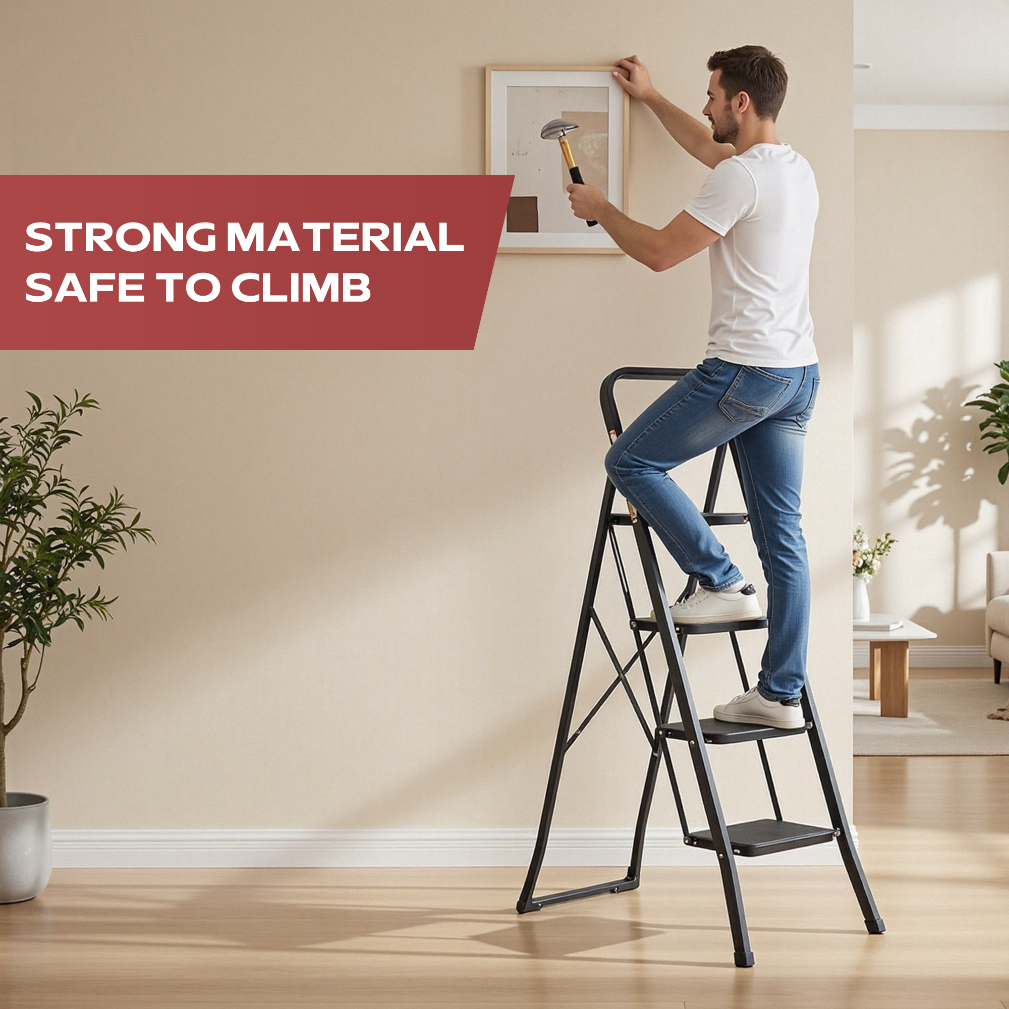 thumbnail video image 2 of Primy 4 Step Ladder, Folding Step Stool with Extra Wide Anti-Slip Pedal and Top Handrail, 350lbs Lightweight Portable Sturdy Steel Ladders for Household Kitchen Office Outdoor, 2 of 9