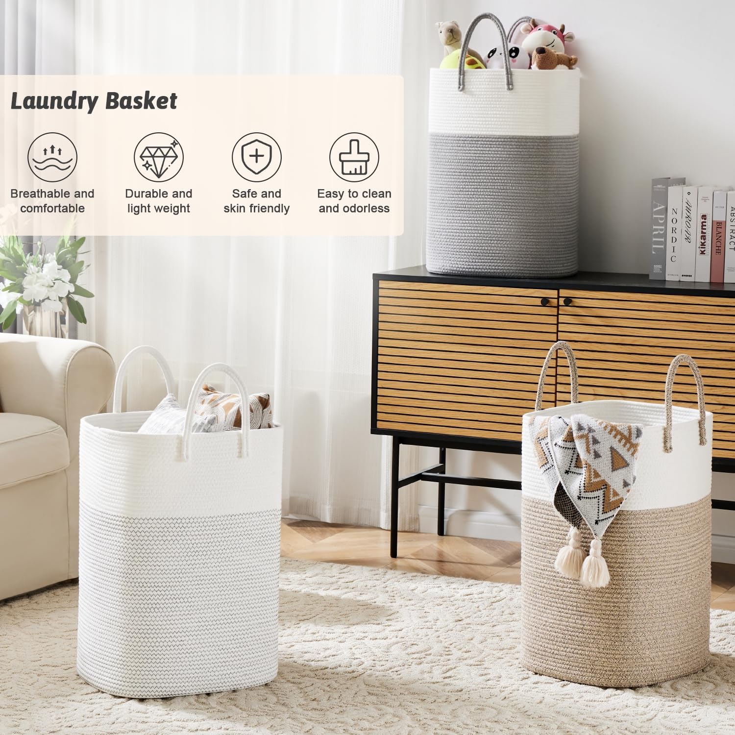 thumbnail video image 2 of Laundry Basket, Woven Cotton Rope Laundry Hamper, Versatile Storage for Dirty Clothes, Baby Toys, and Blankets in Bathroom, Nursery, and Living Room, 2 of 7