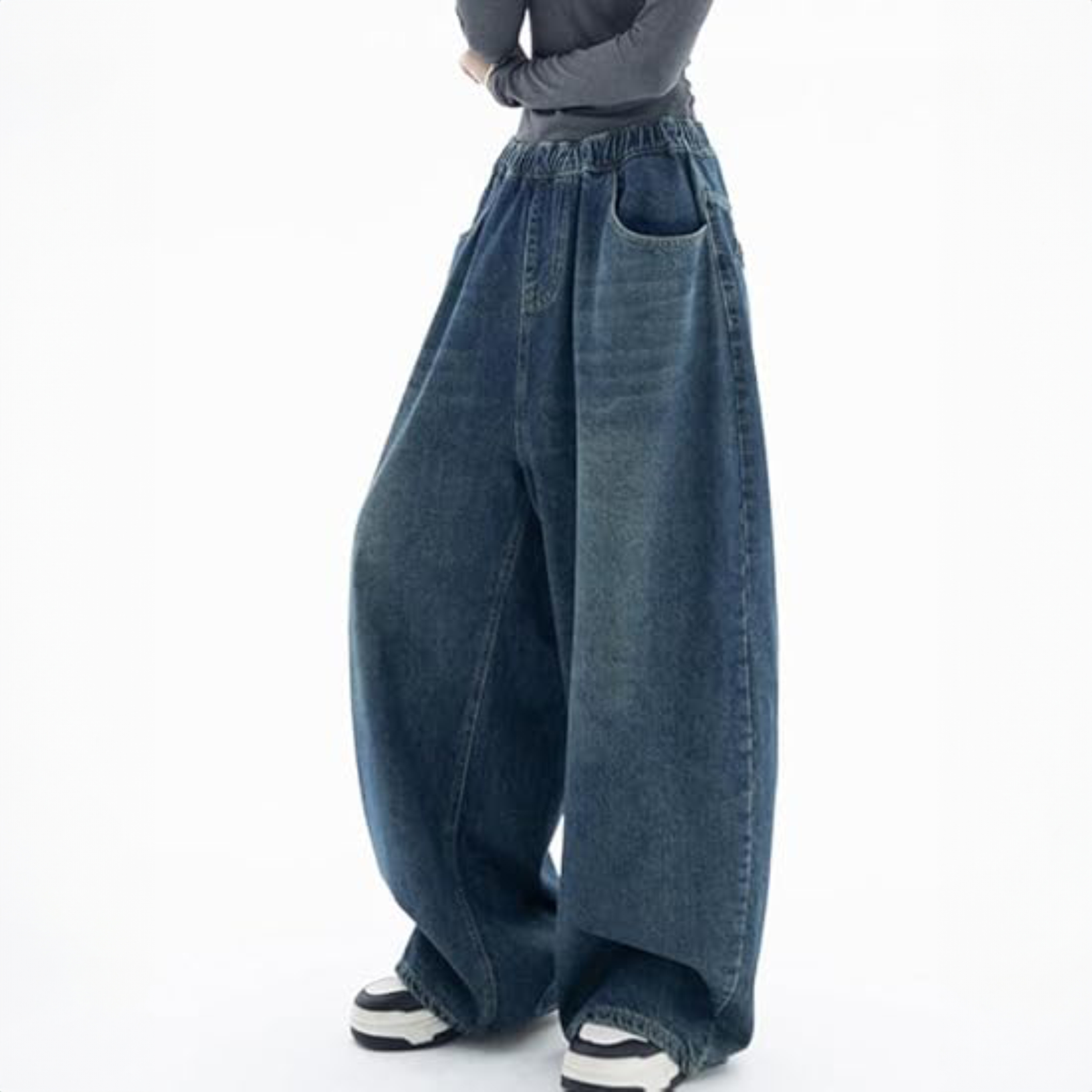 thumbnail video image 2 of EMMIOL Women's High Rise Baggy Barrel Jeans Y2K Vintage Wide Leg Jeans with Elastic Waist Dark Wash Boyfriend Denim Pants, 2 of 8