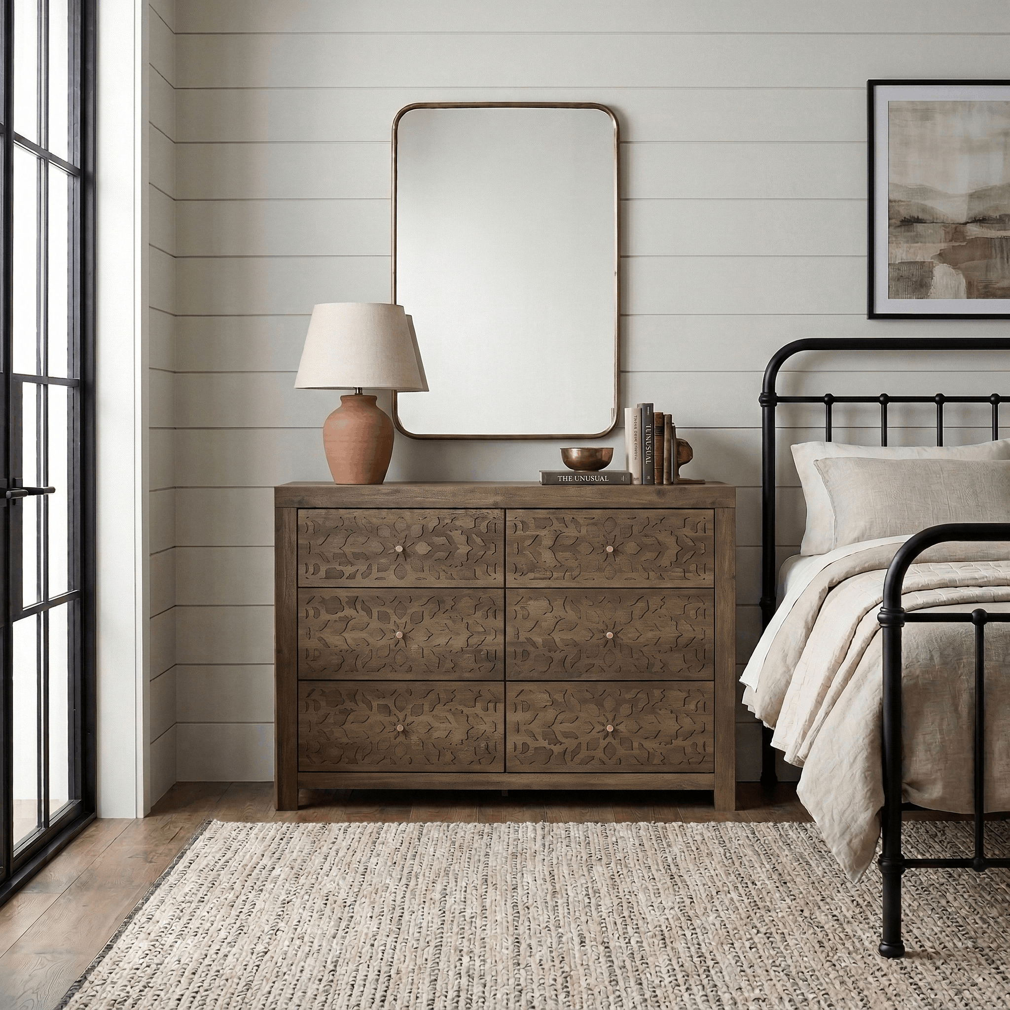 thumbnail video image 2 of STYLIVIA 6-Drawer Dresser with Laser-Cut Drawer Fronts Black, Knotty Oak 45.4"W x 15.7"D x 32"H, 2 of 14