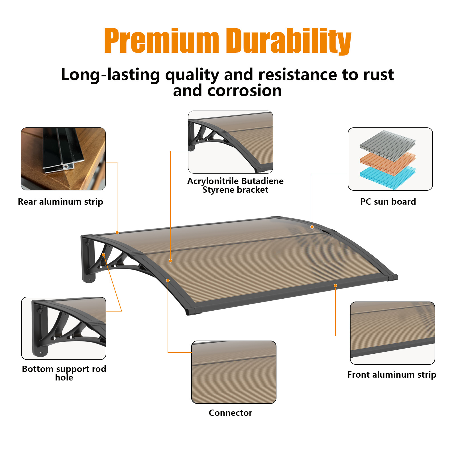thumbnail video image 2 of GUANSU-CN Polycarbonate Awning (ABS Frame) - Brown Panel with Black Bracket, 32 inch x 120 inch, UV/Rain Protection for Windows & Doors, 2 of 6