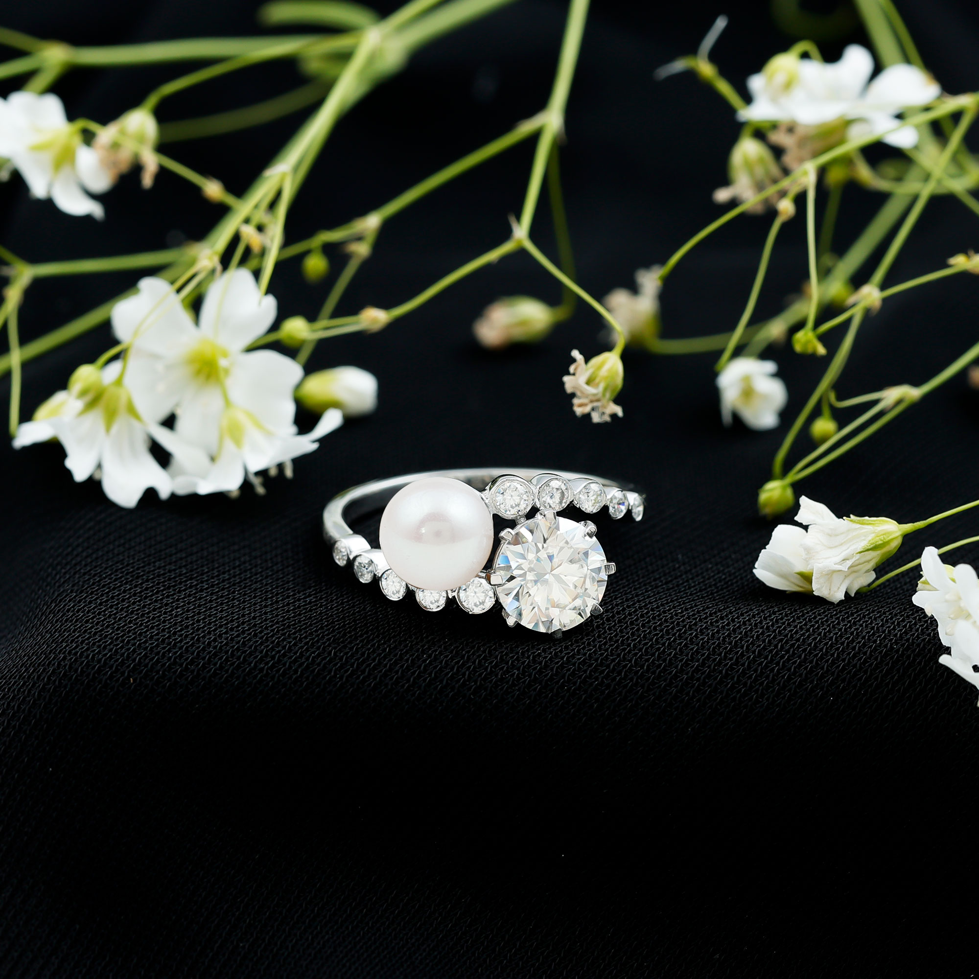 thumbnail video image 2 of Rosec Jewels Genuine Pearl Moissanite Toi Et Moi Engagement Ring - Statement Ring - AAA Quality - with Jewelry Box, 10K White Gold, US 11.50, 2 of 8