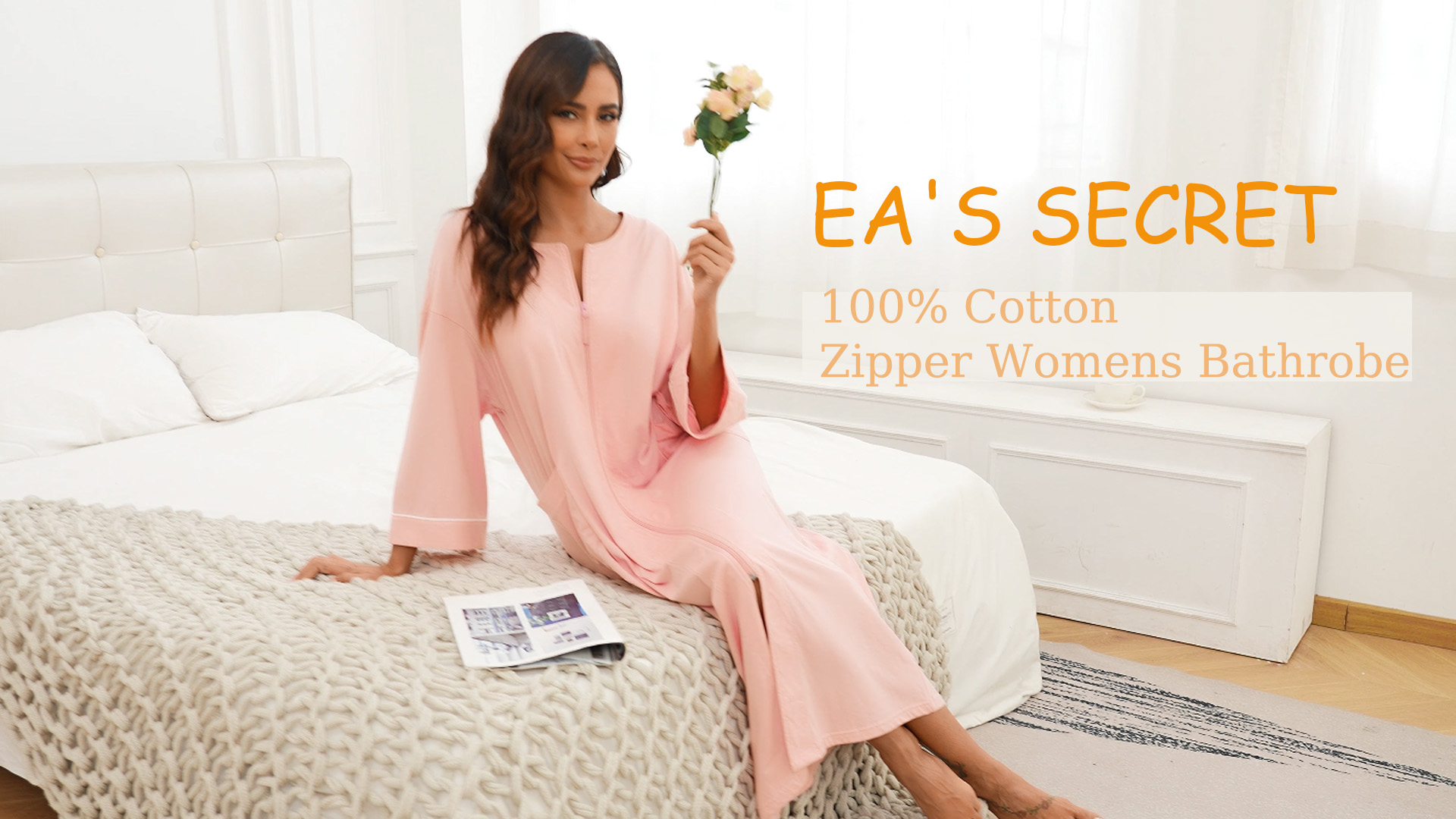thumbnail video image 2 of EA'S SECRET 100% Cotton Zipper Robes for Women Lightweight Bathrobe with 2 Pockets 3/4 sleeve Loungewear(Pink,2XL), 2 of 7