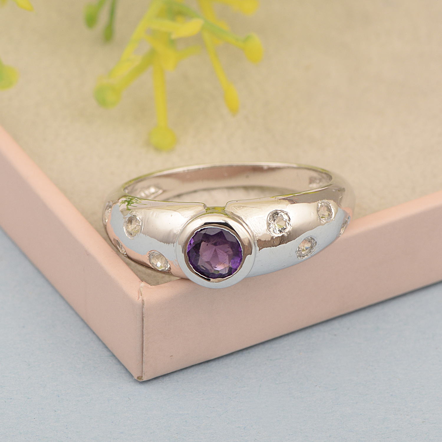 thumbnail video image 2 of 5mm Round Shape Amethyst Gemstone 925 Sterling Silver Women Wedding Ring, 2 of 7