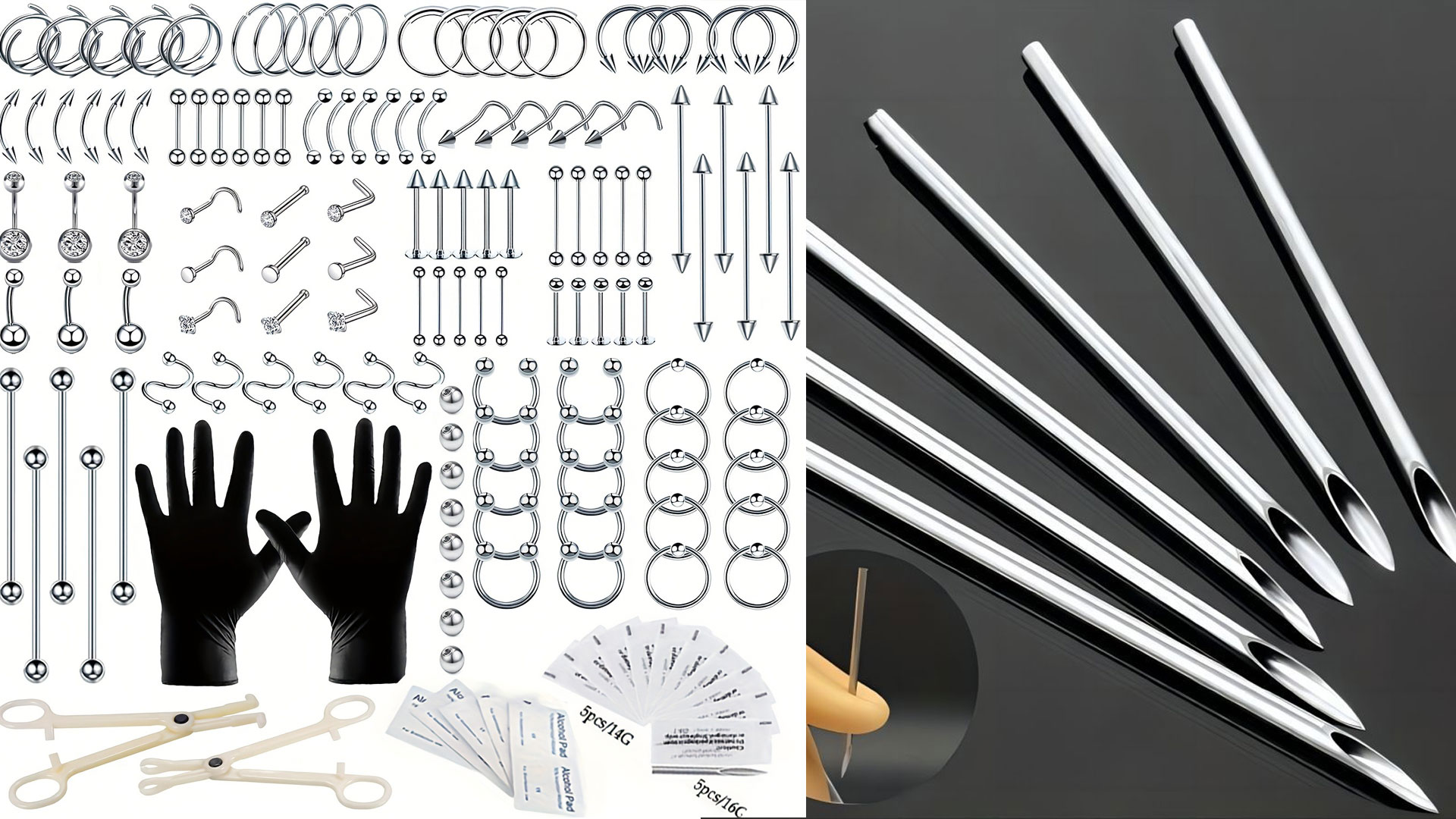 thumbnail video image 2 of 60PCS Body Piercing Kit, 316L Stainless Steel Piercing Jewelry Set with Piercing Needles, Clamps, Gloves and 10PCS Alcohol Pads for Nose, Lip, Navel, Ear, 2 of 9
