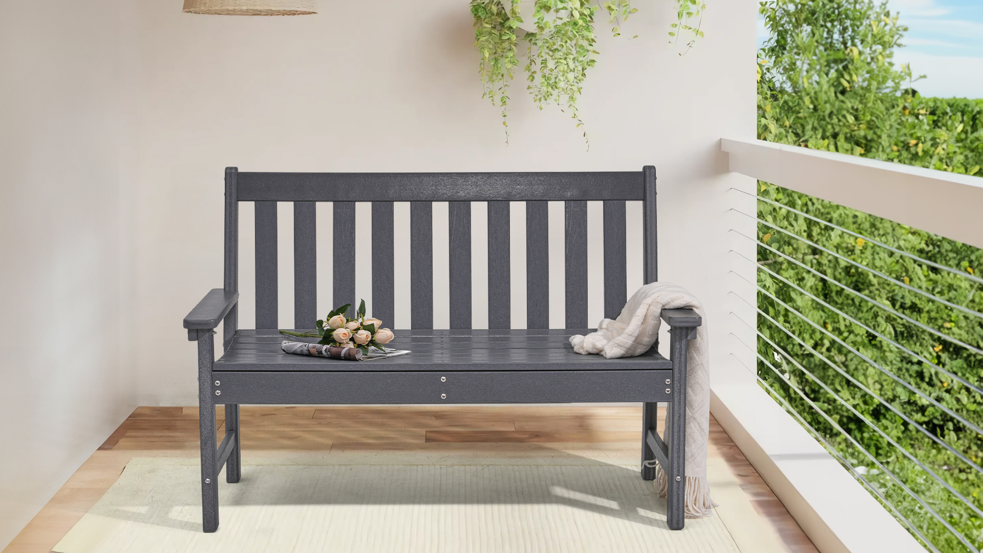 thumbnail video image 2 of JOIVI Outdoor Patio Bench, 2-Person Garden benches with Armrest and Backrest, Patio Bench for Outdoors, Park, Yard, Porch, Lawn, Dark Gray, 2 of 9