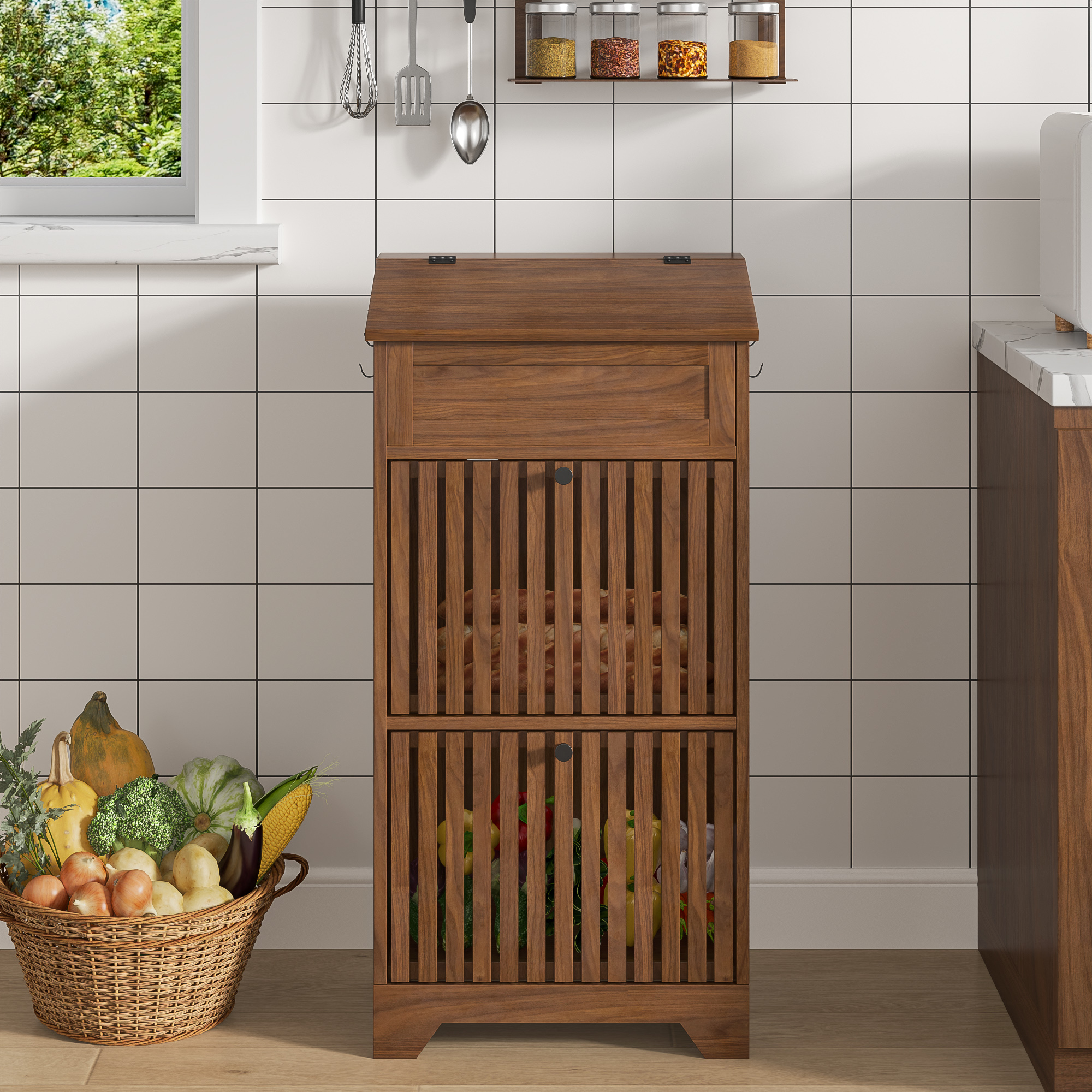 thumbnail video image 2 of Onion and Potato Storage Bin Wood, Fruit and Vegetable Storage Box, Decorative Pantry Cabinet for Snack, Magnetic Flip-top, 2 of 8