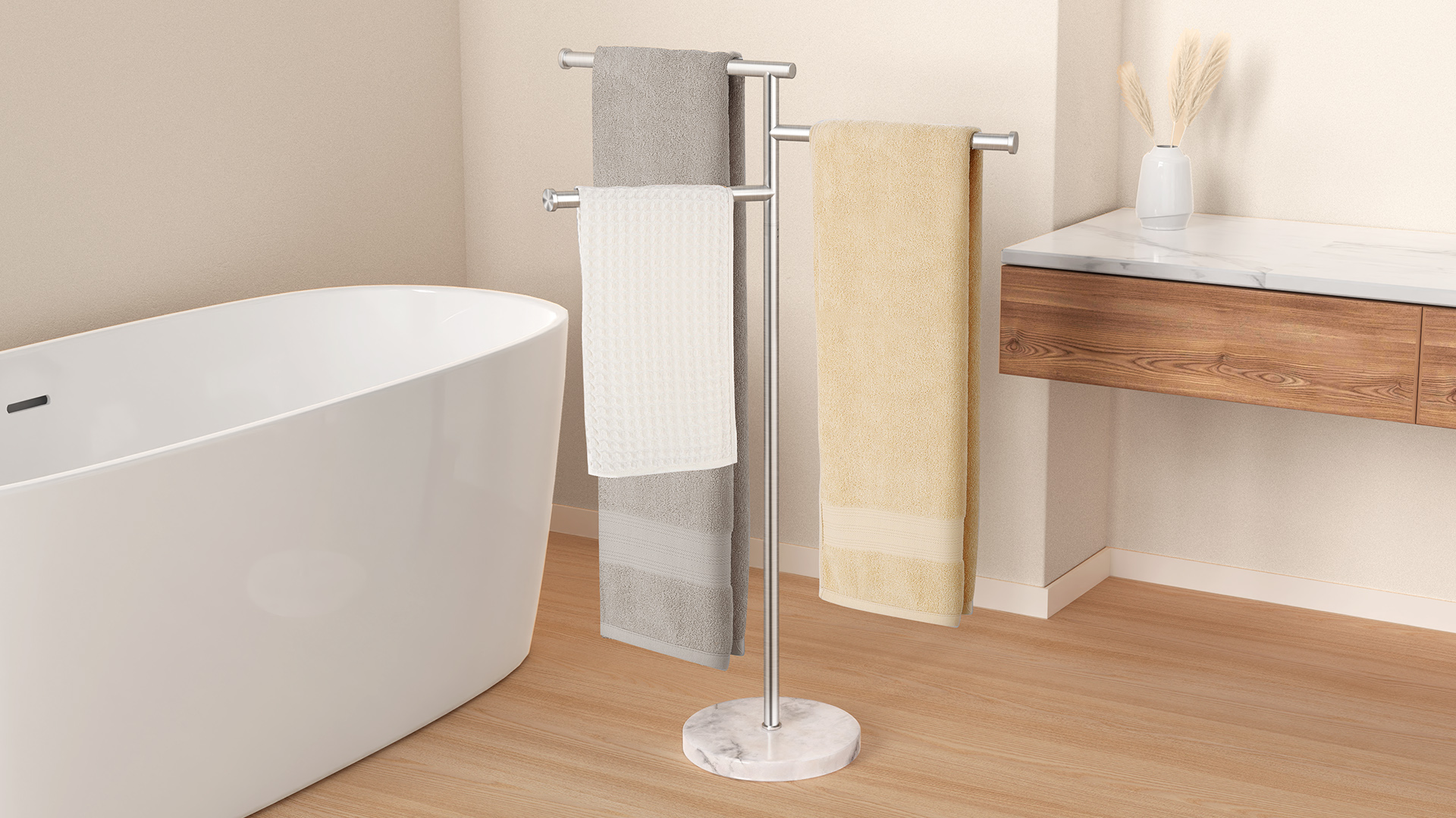 thumbnail video image 2 of KES Black Towel Racks for Bathroom with Natural Marble Base, 40 Inch Free Standing Pool Towel Rack Outdoor 18/8 Stainless Steel 3 Swivel Bars, 2 of 10