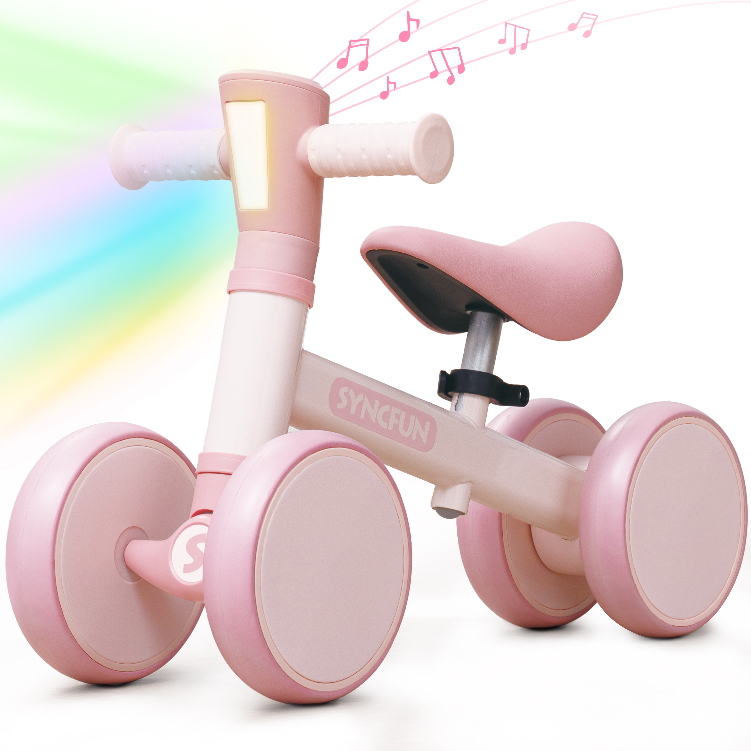 thumbnail video image 2 of Colorful Lighting Toddler Balance Bike with Music & Led for 1 2 3 Year Old Girls Boys 12-36 Months 4 Wheels Baby First Bike Adjustable Baby Walker Bike Gift for Kids Birthday, 2 of 10