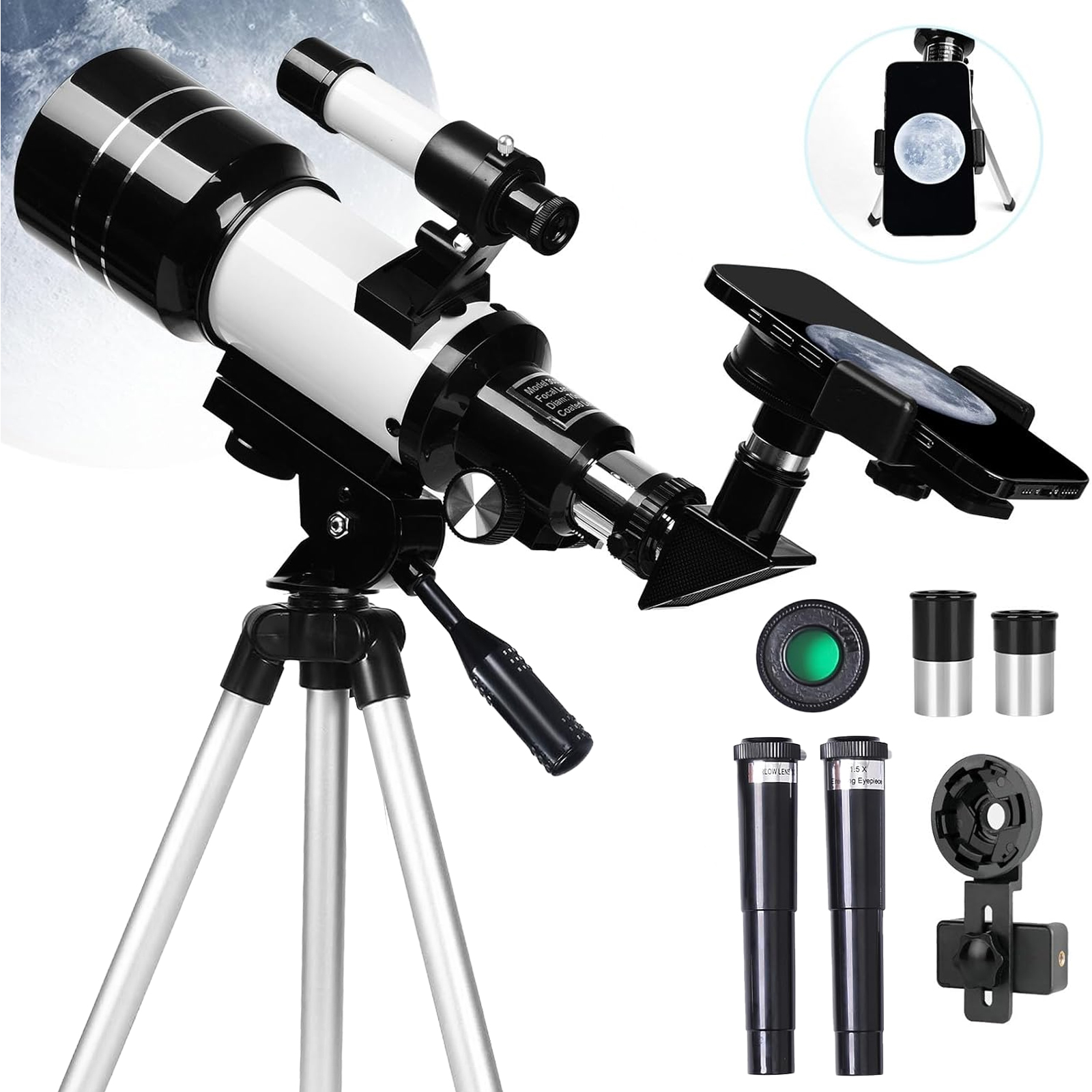 thumbnail video image 2 of Kailwokk Telescope for Adults & Kids, 70mm Aperture Portable Telescopes with Height Adjustable Tripod & Phone Adapter, Astronomy Beginner Gift, 2 of 8