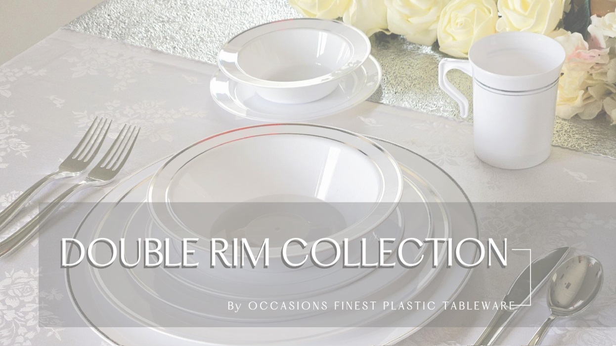 thumbnail video image 2 of " OCCASIONS " 240 Plates Pack,(120 Guests) Heavyweight Premium Wedding Party Disposable Plastic Plates Set -120 x 10.5'' Dinner + 120 x 7.5'' Salad / Dessert (White & Silver Rim), 2 of 10