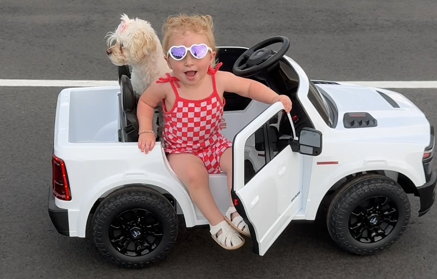 thumbnail video image 2 of Kerry Yoo SQ7 Ride on Toys Car, 24V Truck RAM 2500 Rebel Electric Vehicle for Kids, Pickup Truck, 2 Seater, Bed Storage, Remote Control, Safety Belt, Music - White, 2 of 8