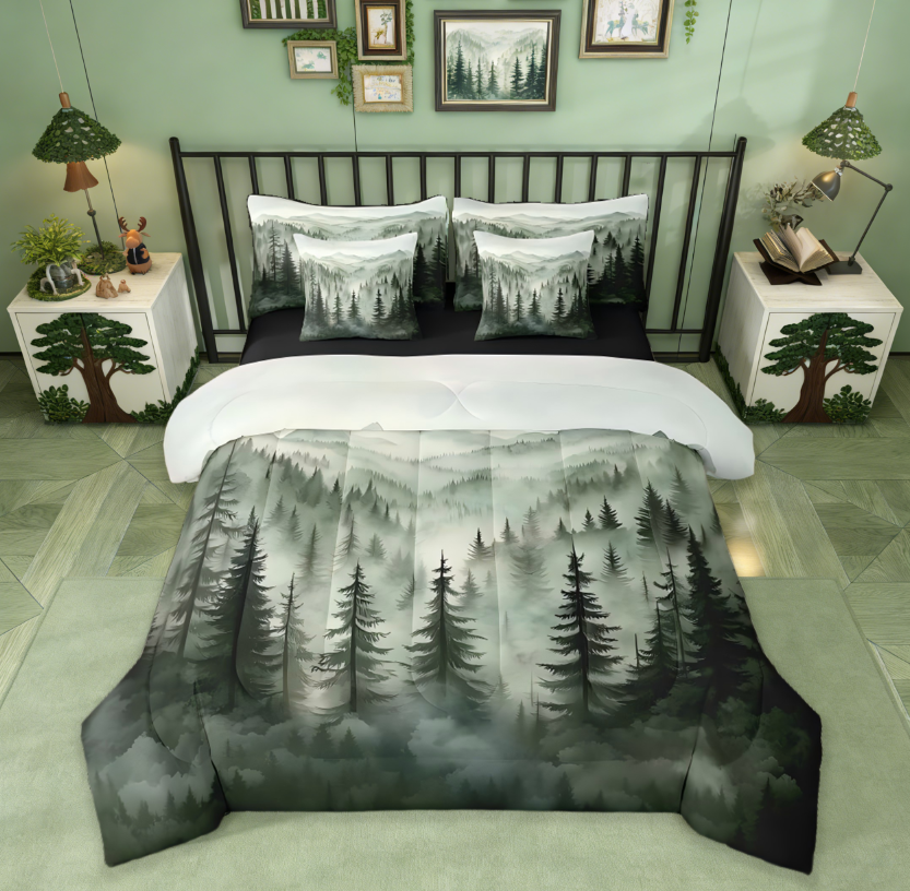thumbnail video image 2 of Manfei Nature Scenery Mountain 7-Piece Twin Bedding Sets,Rustic Woodland Botanical Pine Tree Bedding Comforter Set For Kids Adults Natural Jungle Plants Reversible, 2 of 8