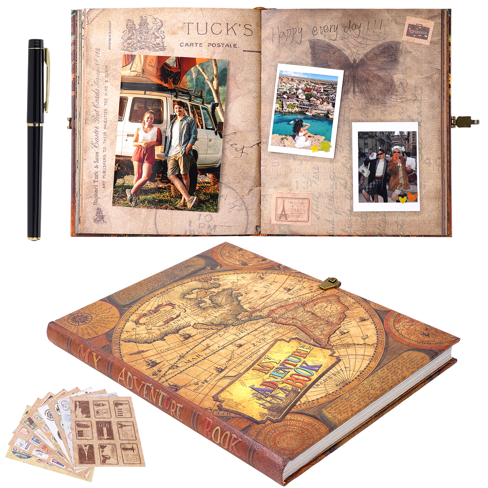 thumbnail video image 2 of TJT Our Adventure Scrapbook Photo Album, 124 Pages Retro Embossed DIY Memory Travel Diary Photo Scrap Book Gift for Christmas Birthday Anniversary, 2 of 13