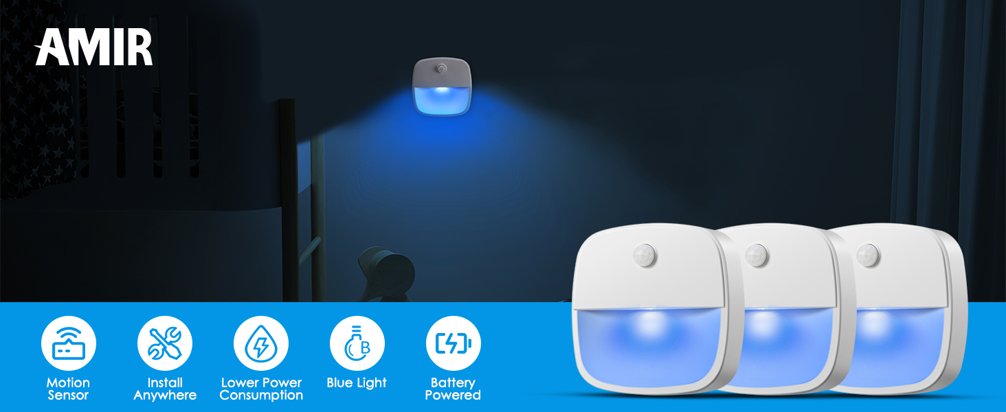 thumbnail video image 2 of AMIR Motion Sensor Lights Under Cabinet Lights Battery Powered LED Night Lights for Stairs Hallway Bedroom Kitchen 3PCS, 2 of 10