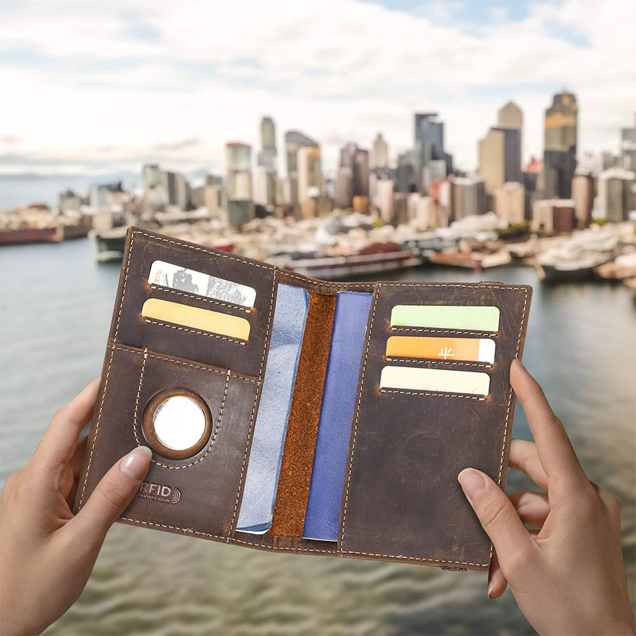 thumbnail video image 2 of Contact's Leather Airtag Passport Holder RFID Blocking Travel Passport Wallet Slim Cover Case for 2 Passports with 5 Card Slots, 2 of 9