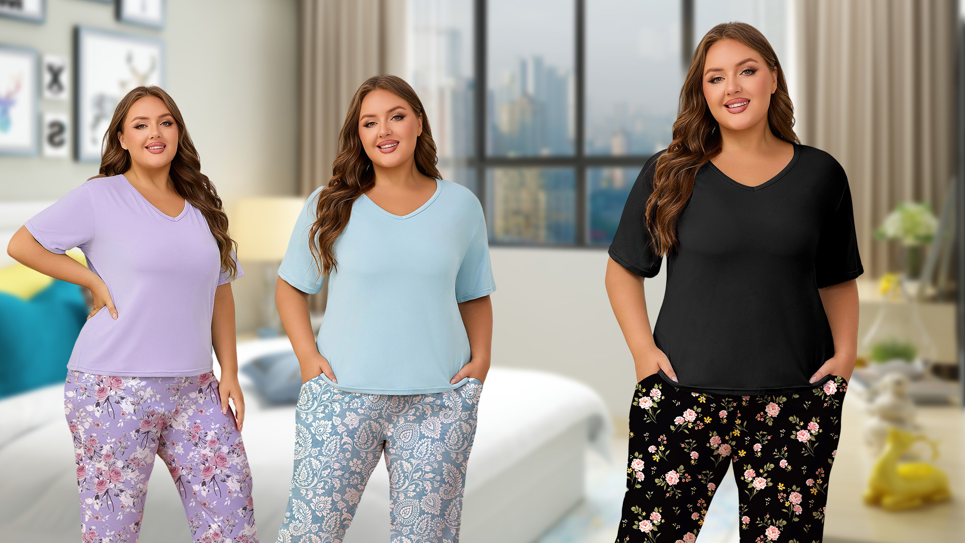 thumbnail video image 2 of PinkBeautiM Women Plus Size Pajamas Set Prints Pjs Sleepwear with Pockets, 2 of 7
