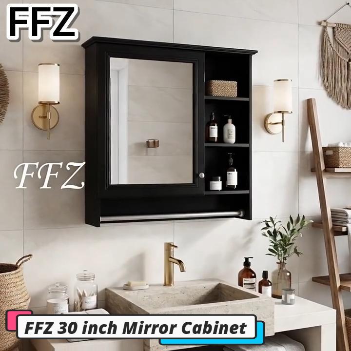 thumbnail video image 2 of FFZ 30” Wall-Installed 2-in-1 Mirror Cabinet (White/Black) with Soft-Close Hinges, 2 of 10