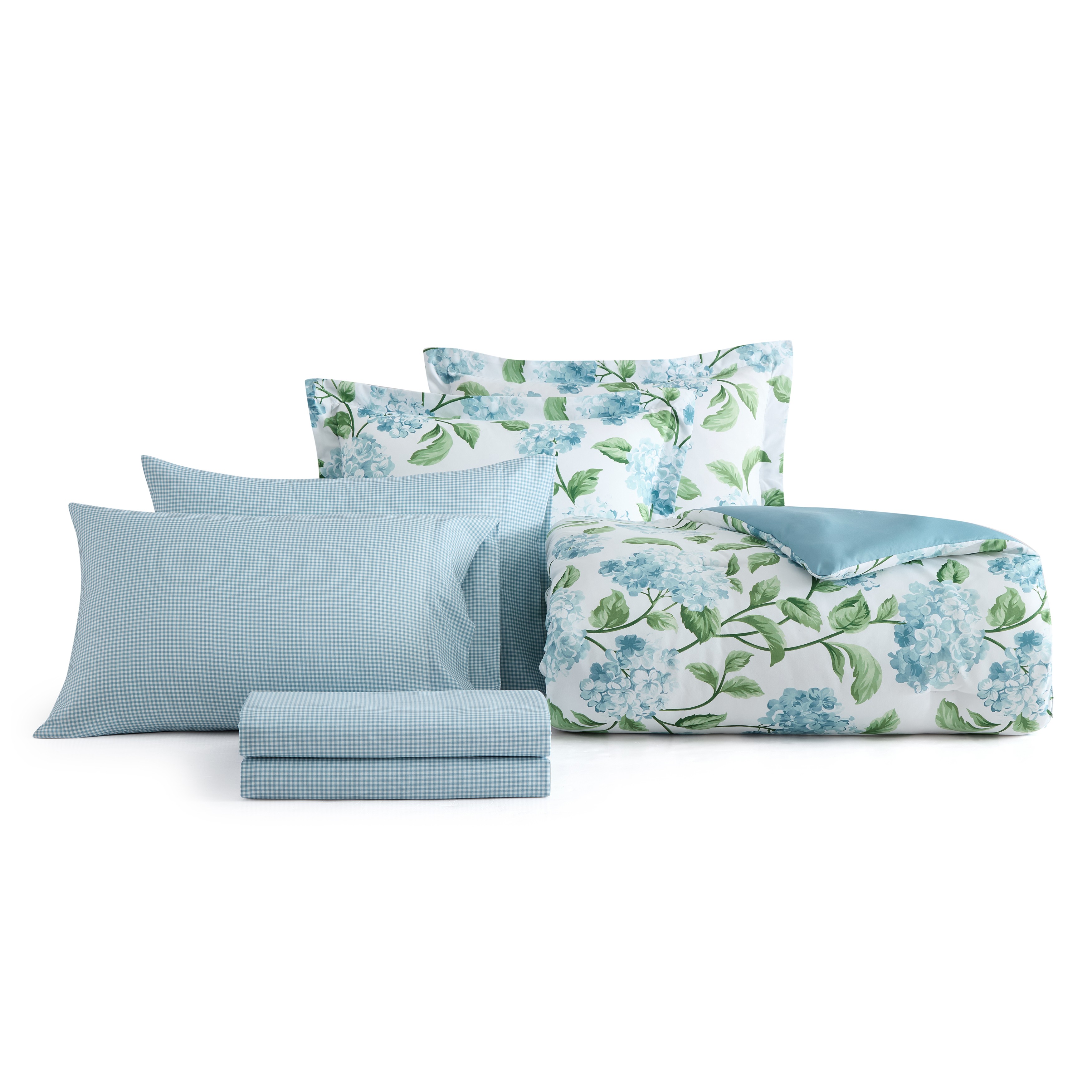 thumbnail video image 2 of Martha Stewart Everyday Harper Hydrangea Gingham 7-Piece Microfiber Queen Comforter Set, 2 of 7